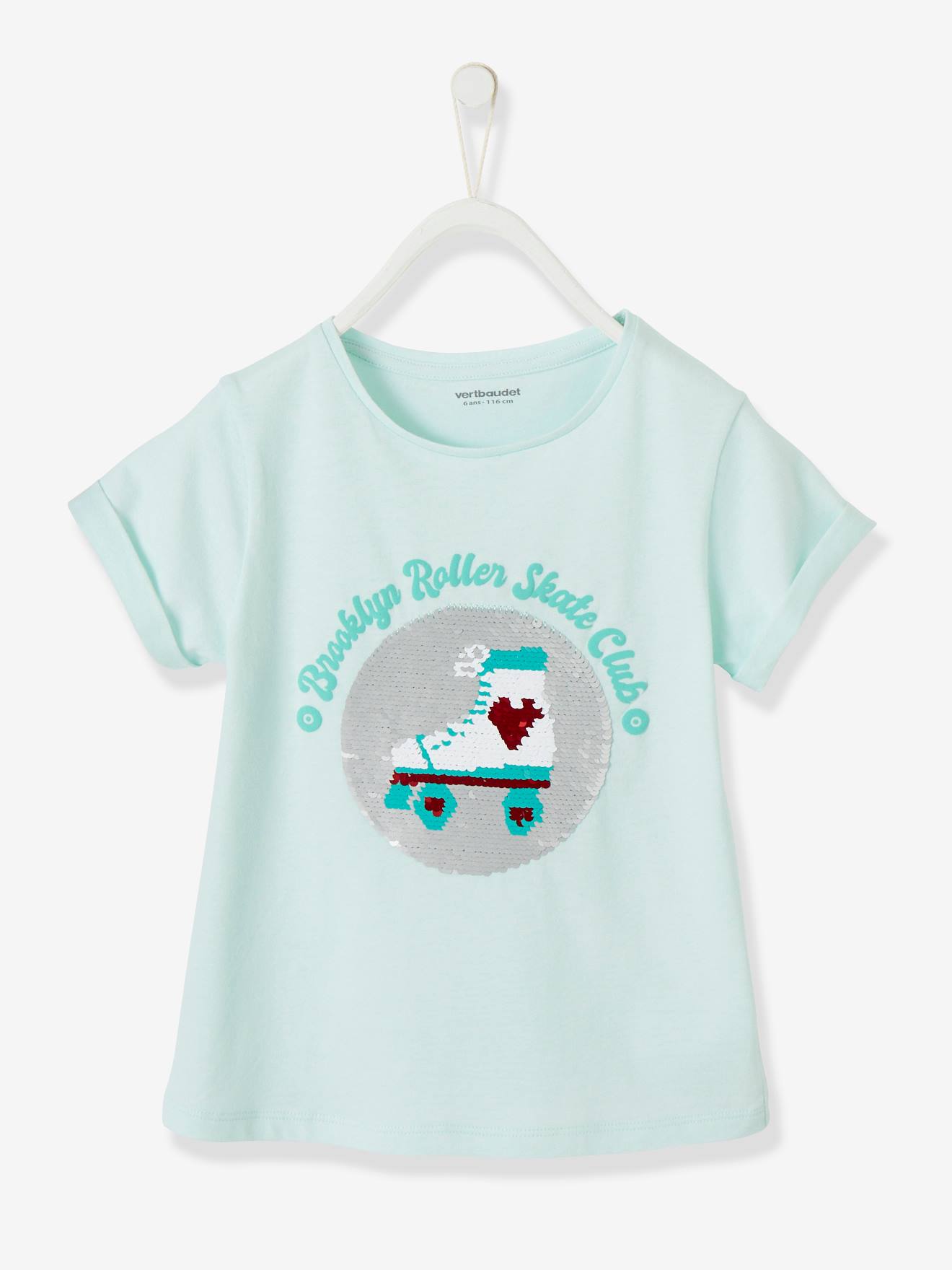 T-shirt voor meisjes met dubbelzijdige lovertjes hemelblauw