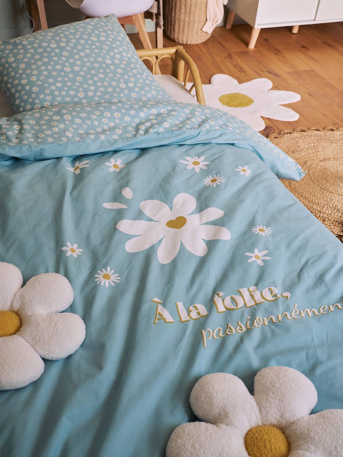 Kinderbedovertrek en kussensloop MARGUERITE blauw, bedrukt