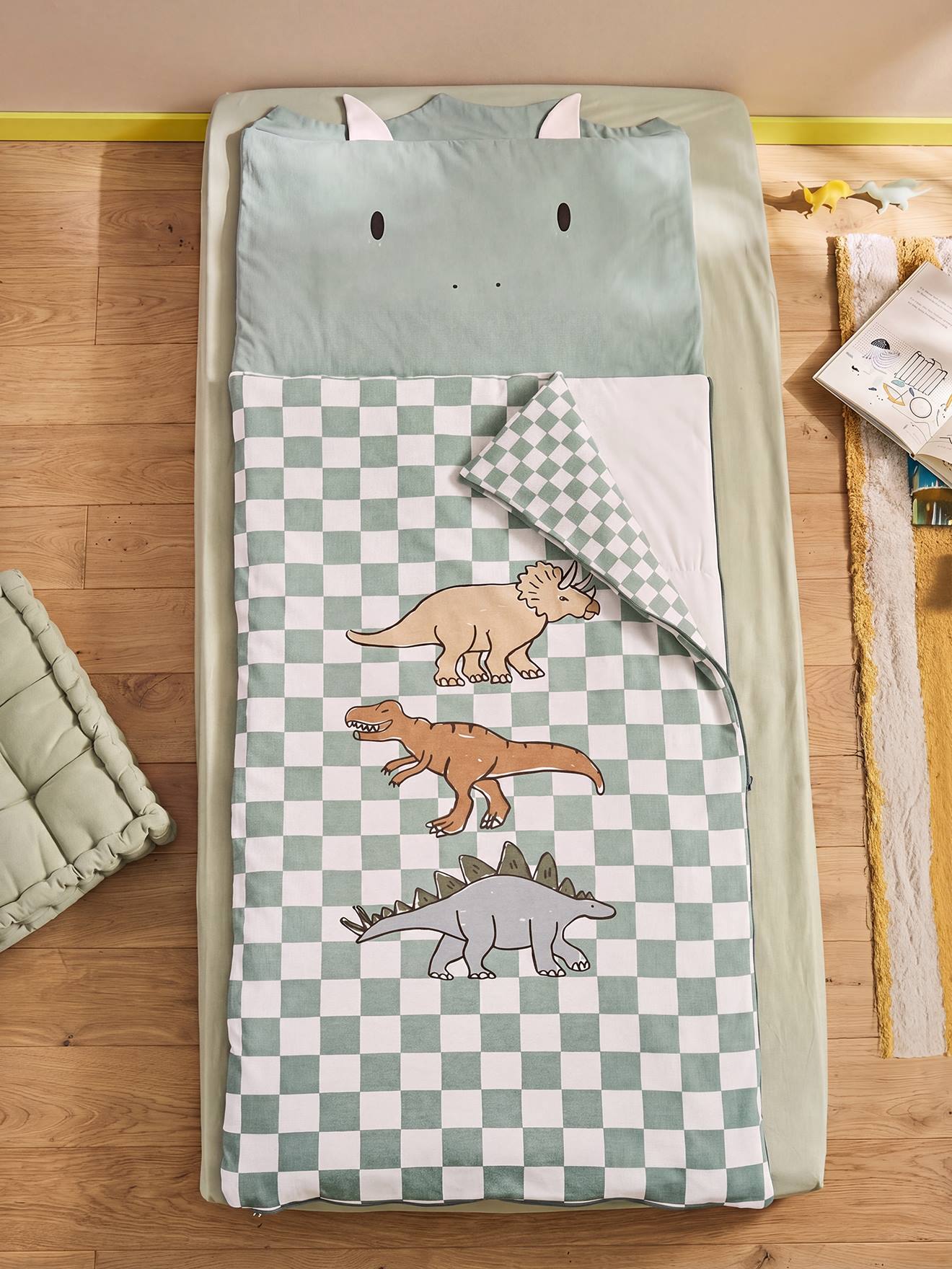 Slaapzak kind dinosaurus groen, geruit