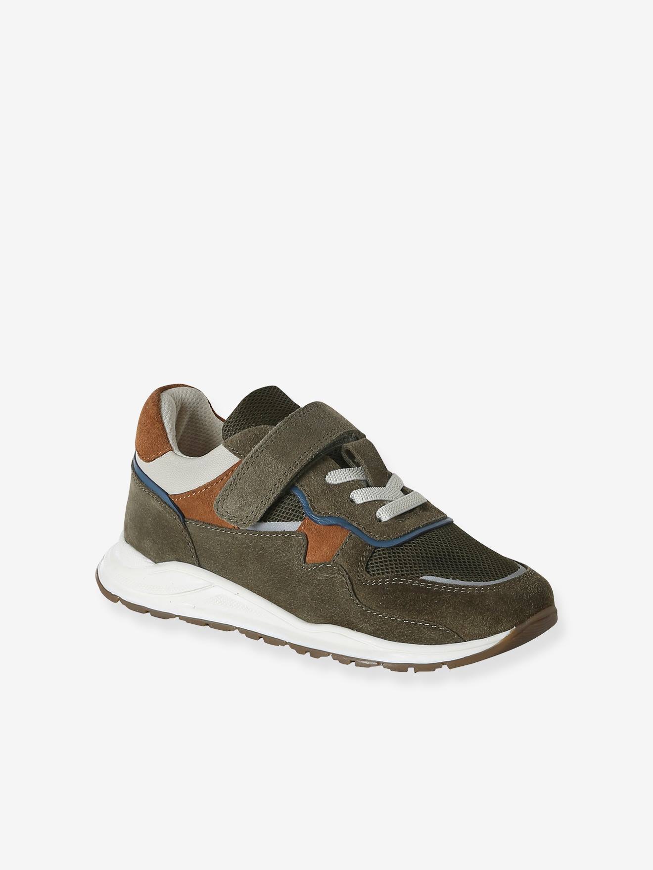 Jongens sneakers leer met klittenband kaki