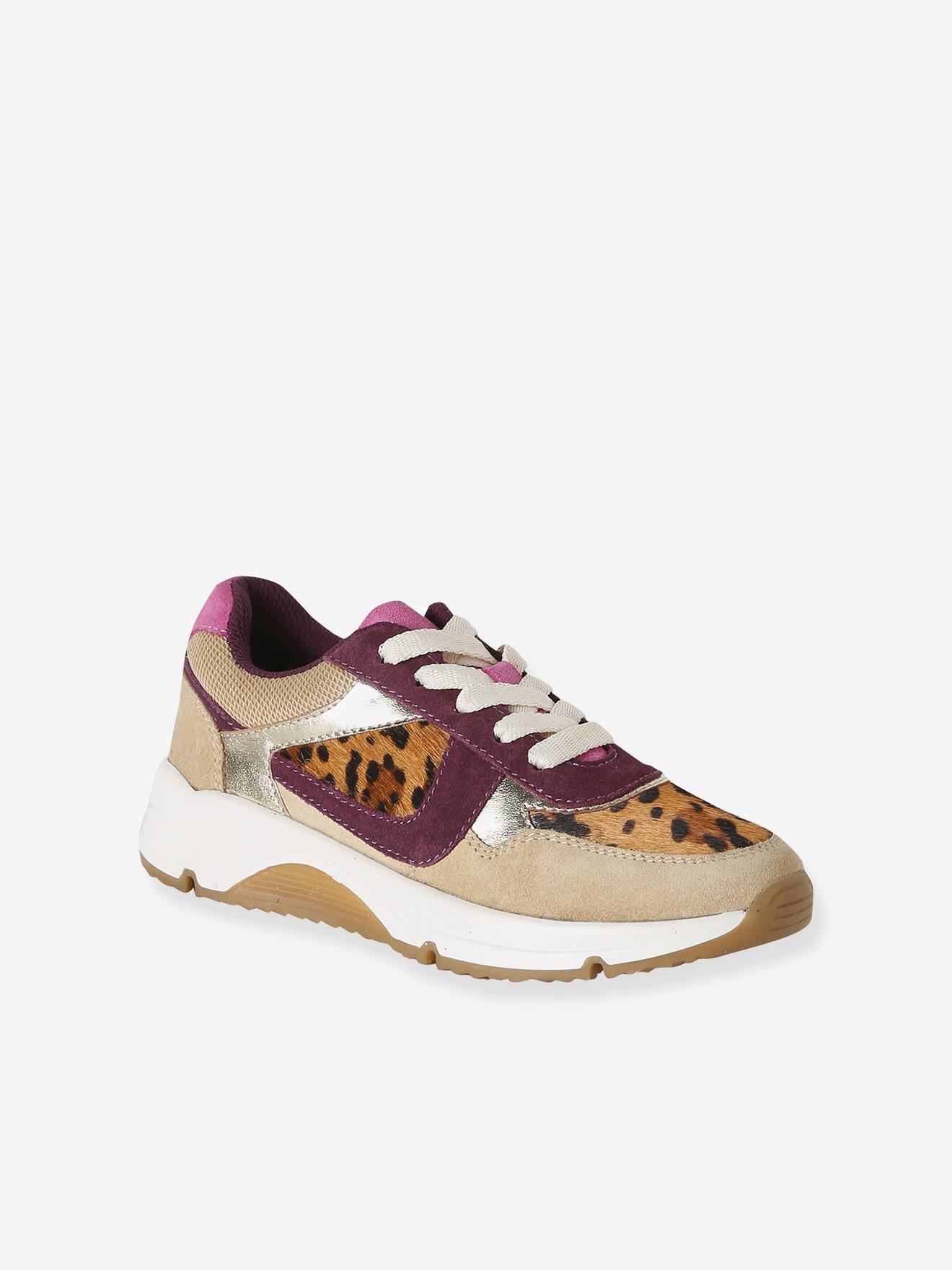 Meisjessneakers leer met veters beige