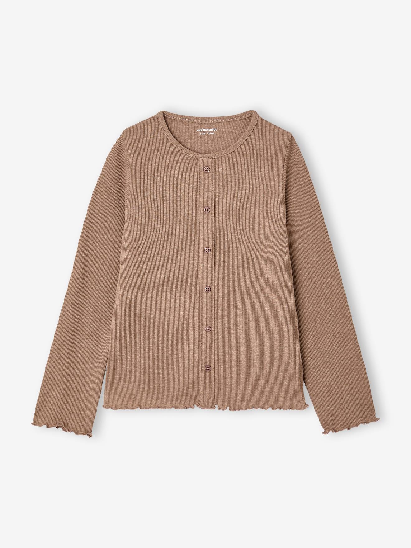 Geribde meisjesshirt met lange mouwen taupe