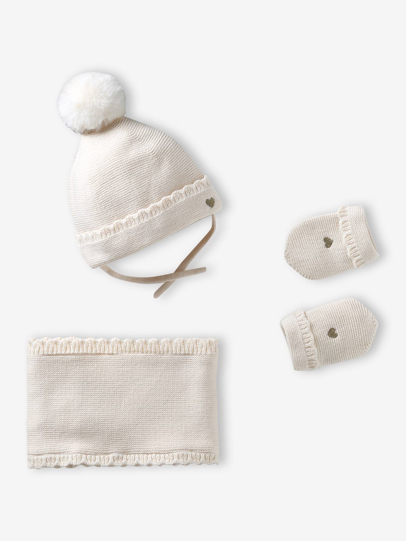 3-delige babyset met muts, colsjaal, wanten ecru
