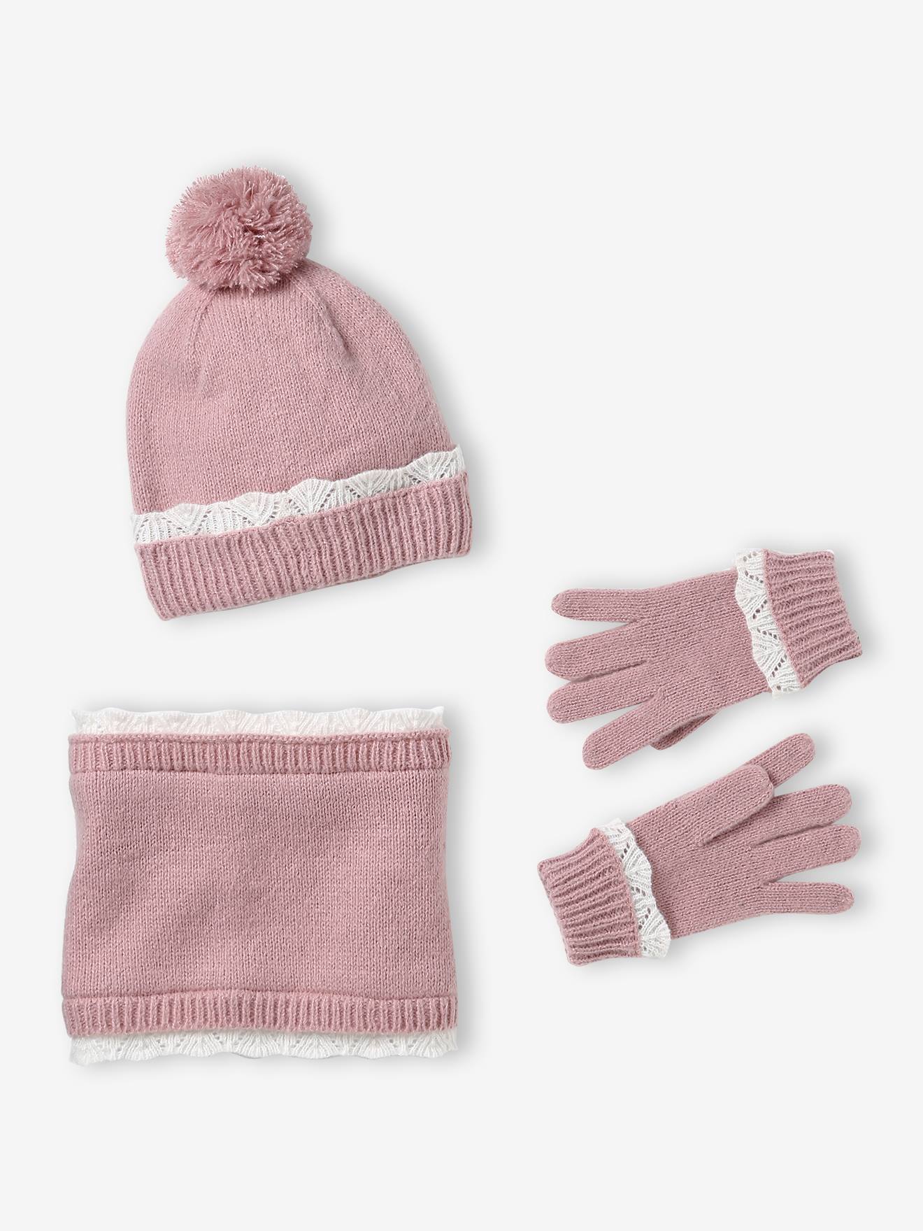 Meisjesset met muts, colsjaal en handschoenen lichtroze