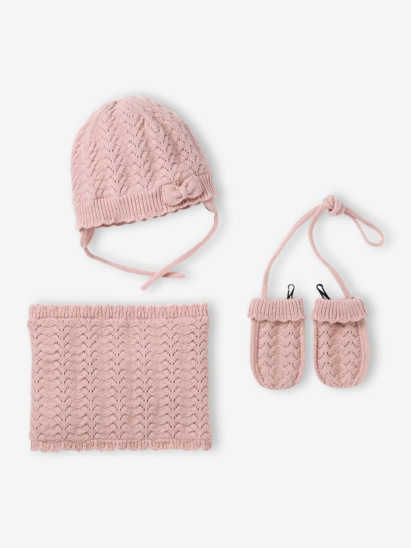 3-delige babyset met muts, colsjaal, wanten roze (poederkleur)