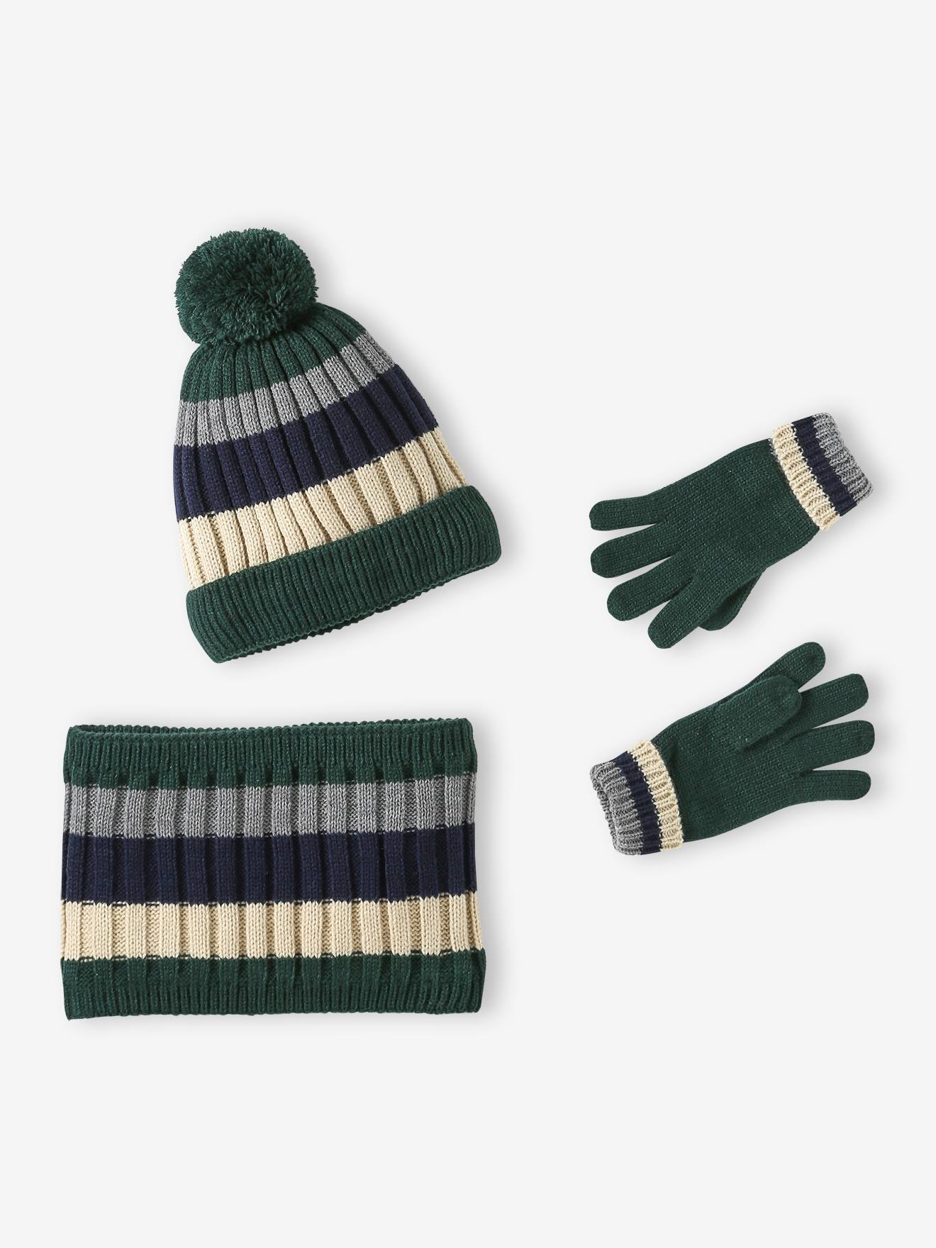 Tricolore babyset muts + snood + wanten/handschoenen voor jongens groen