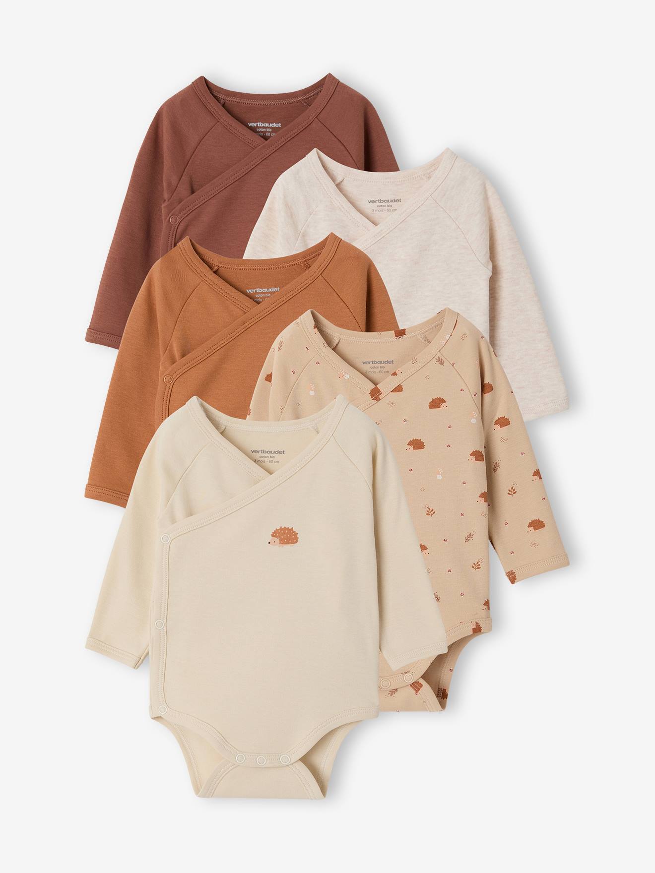 Set van 5 newborn rompertjes met lange mouwen gemêleerd beige