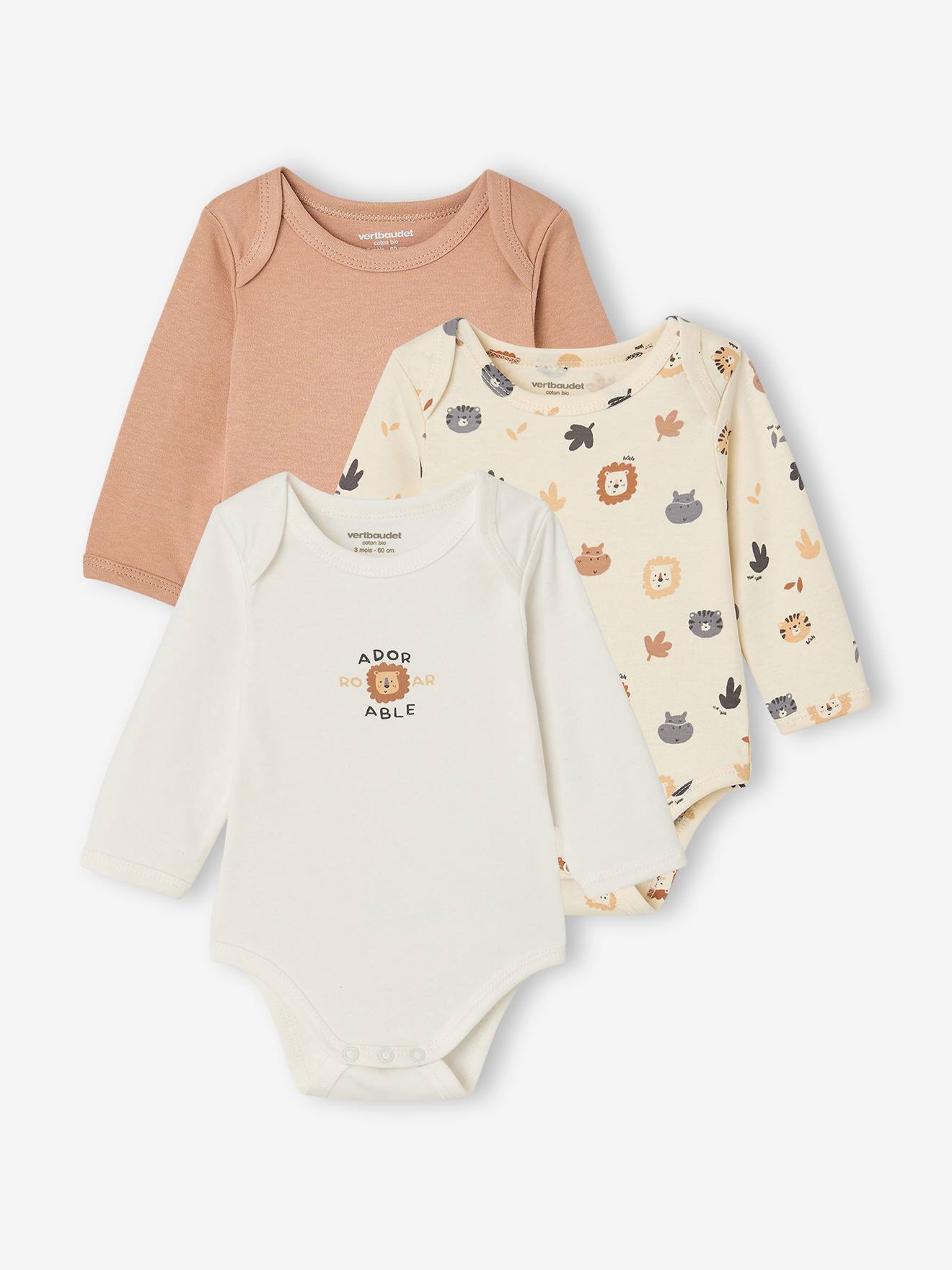 Set van 3 babyrompers met lange mouwen hazelnoot