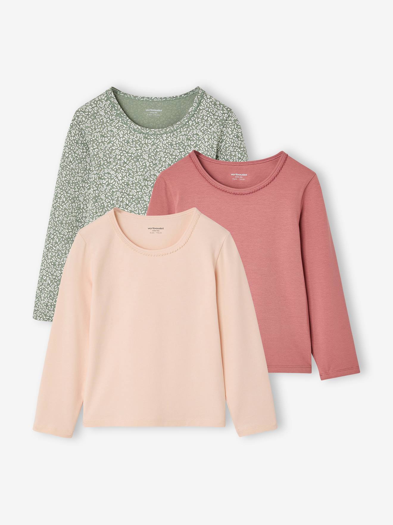 Set van 3 meisjesshirts met lange mouwen oudroze