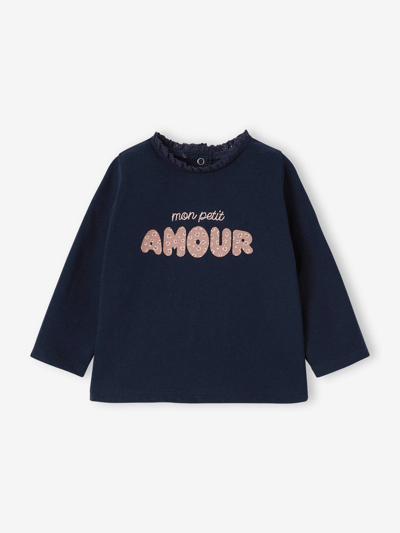 T-shirt baby met lange mouwen en luipaardhartmotief marineblauw
