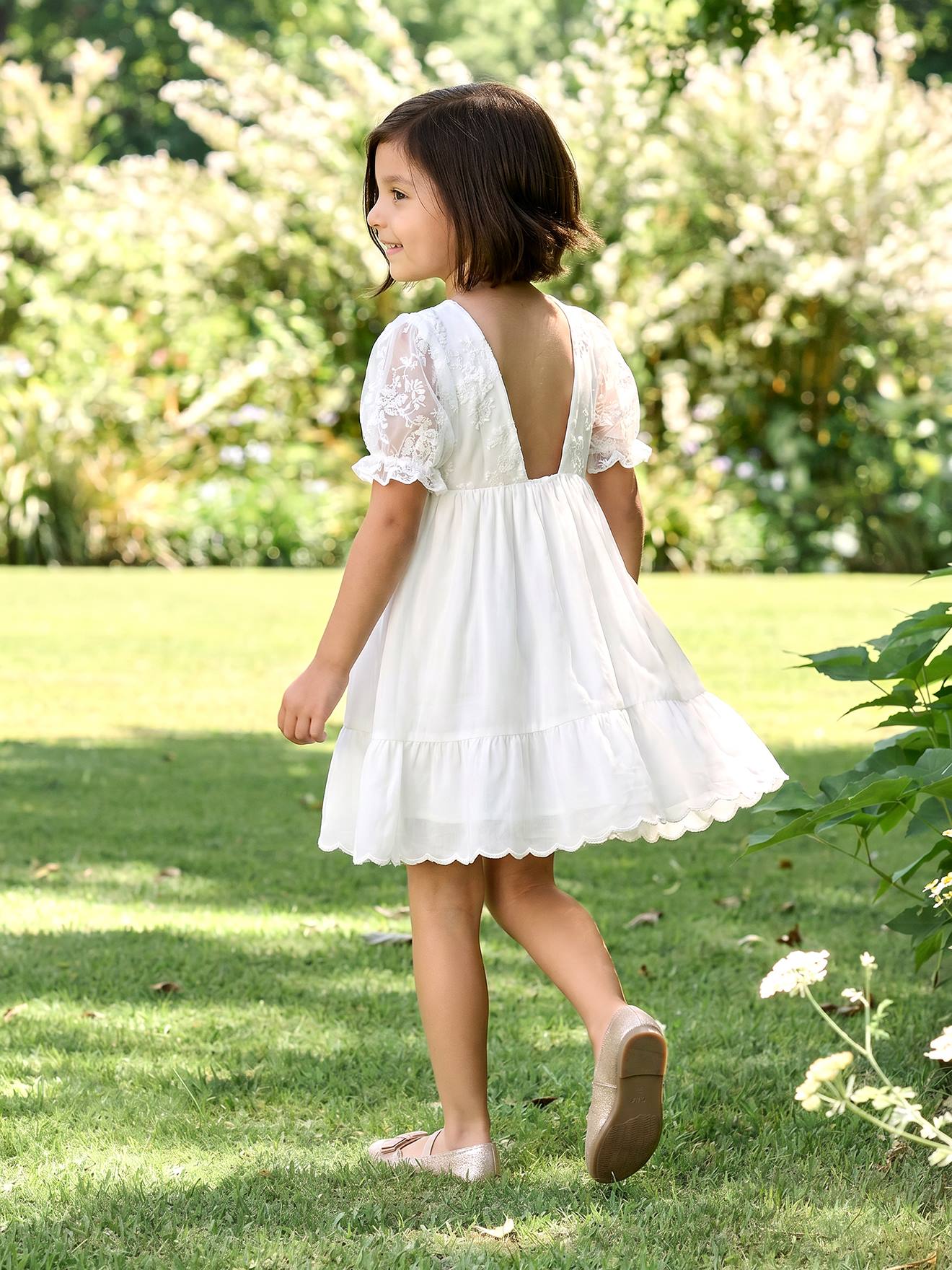 Bohemian jurk voor meisjes met kanten mouwen wit