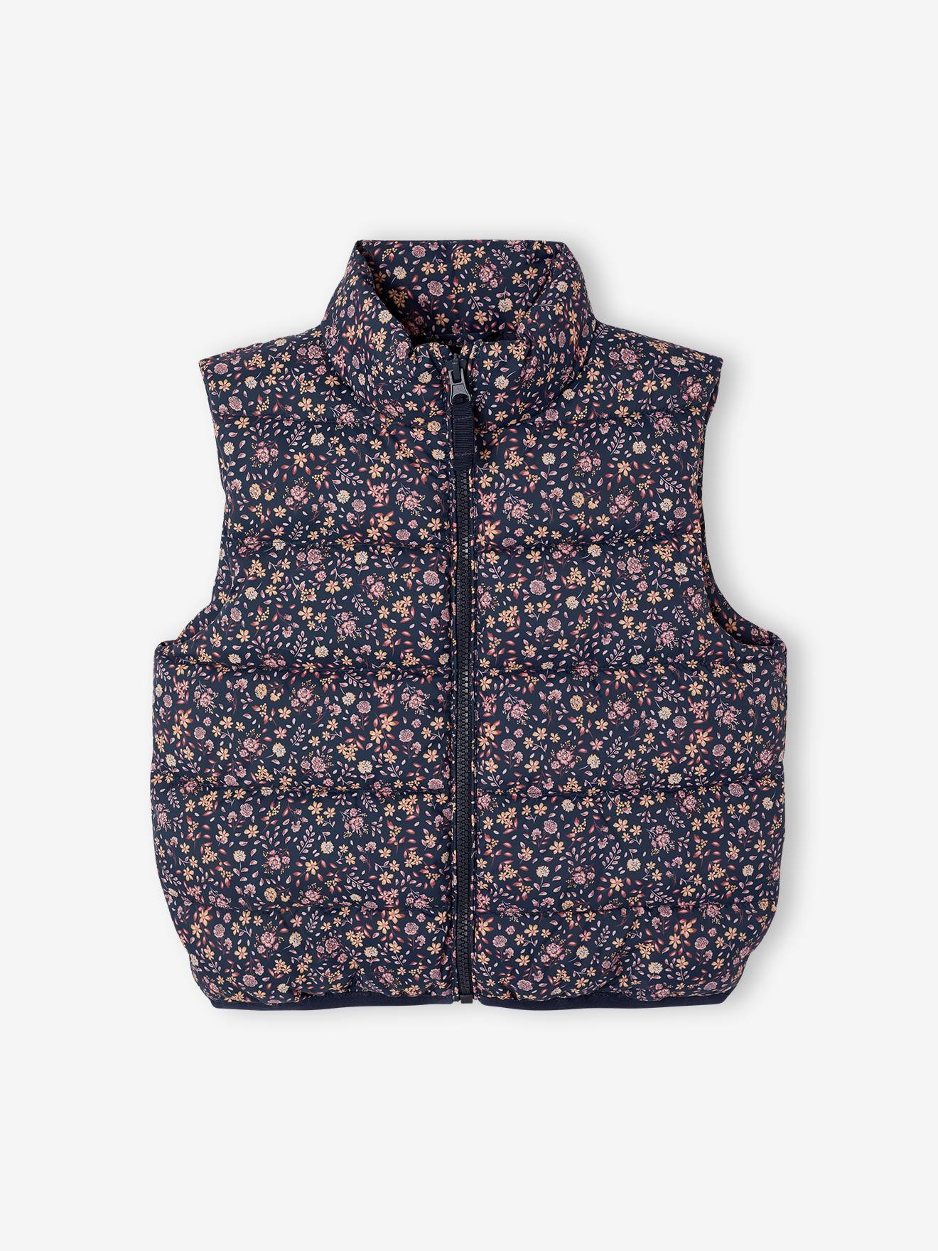 Mouwloos donsjack met bloemenmotieven voor meisjes marineblauw