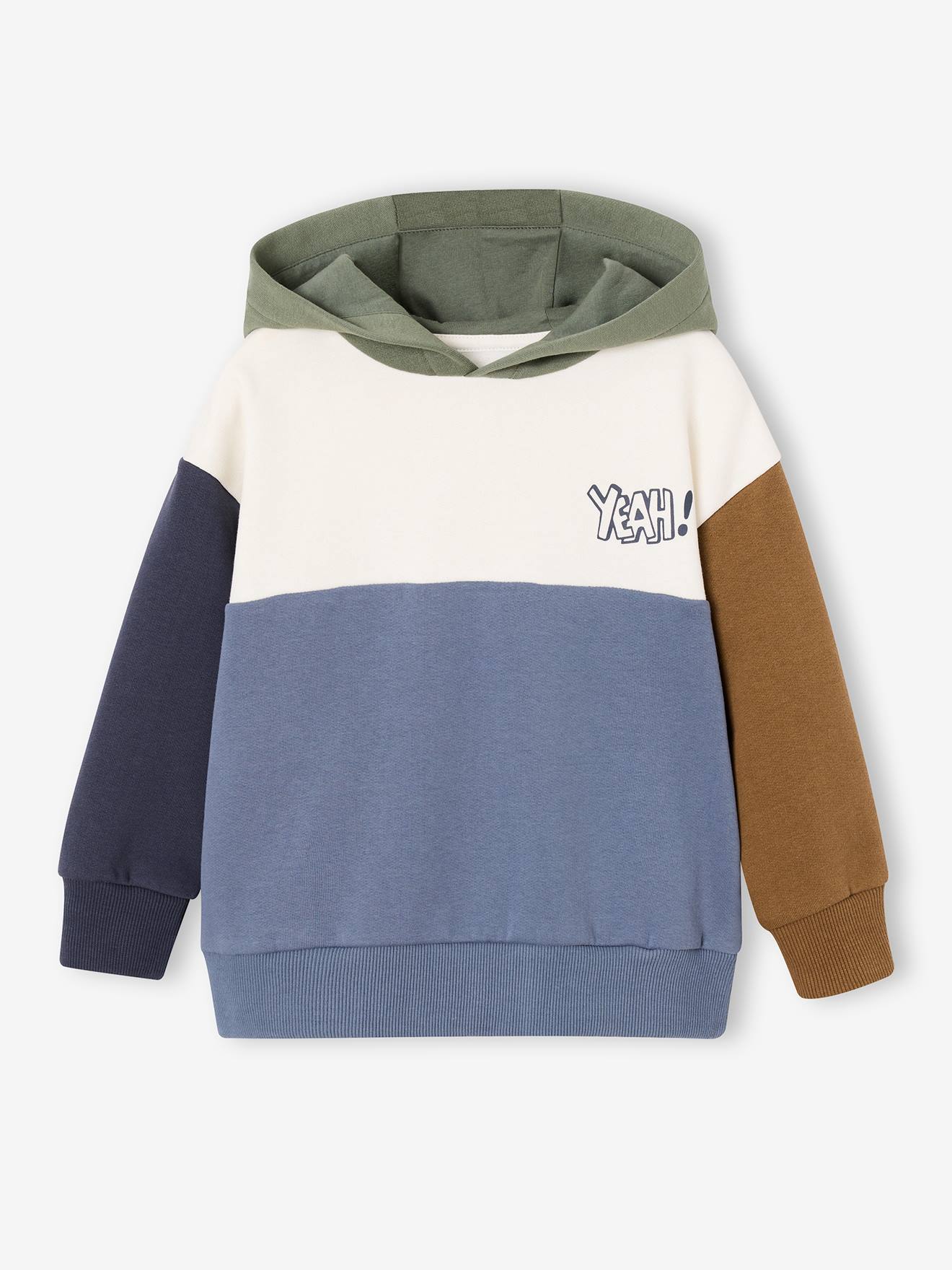 Sweater met colorblock en capuchon Basics jongens hazelnoot