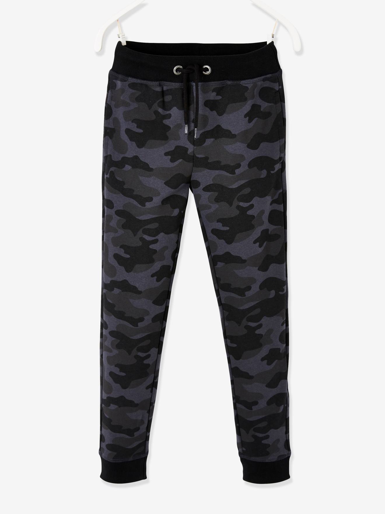 Fleece sportbroek voor jongens met camouflagemotief zwart met print