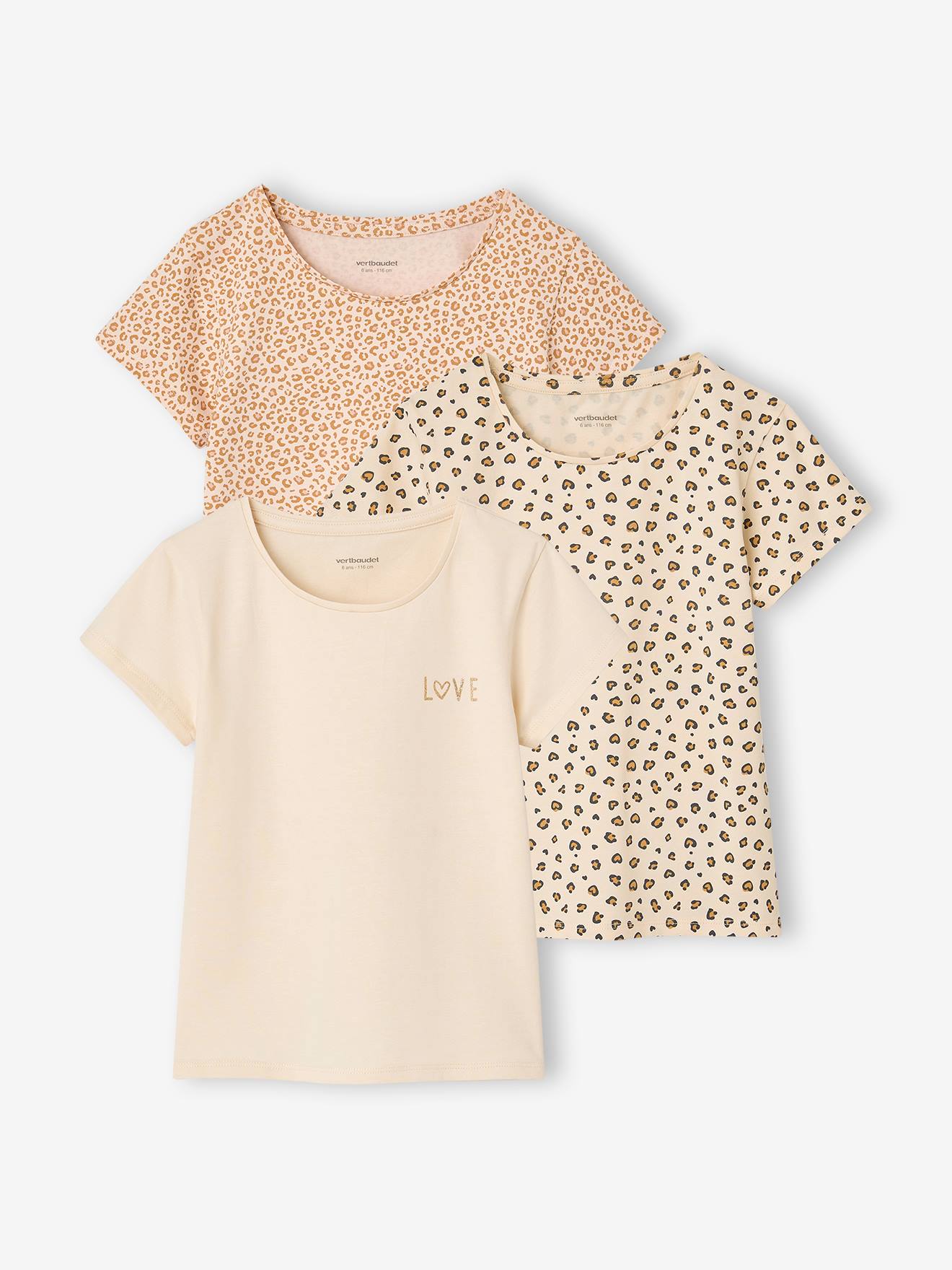 Set van 3 meisjesshirts met korte mouw beige