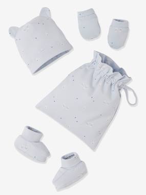 Set muts + pantoffels + handschoenen en babytas ijsblauw met print kopen? Lees eerst dit