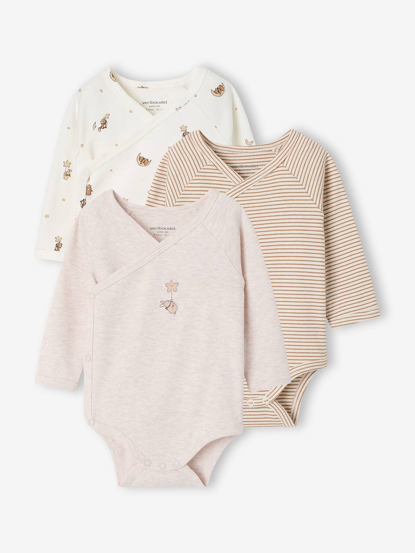 Set van 3 babyrompers met lange mouwen cappuccino