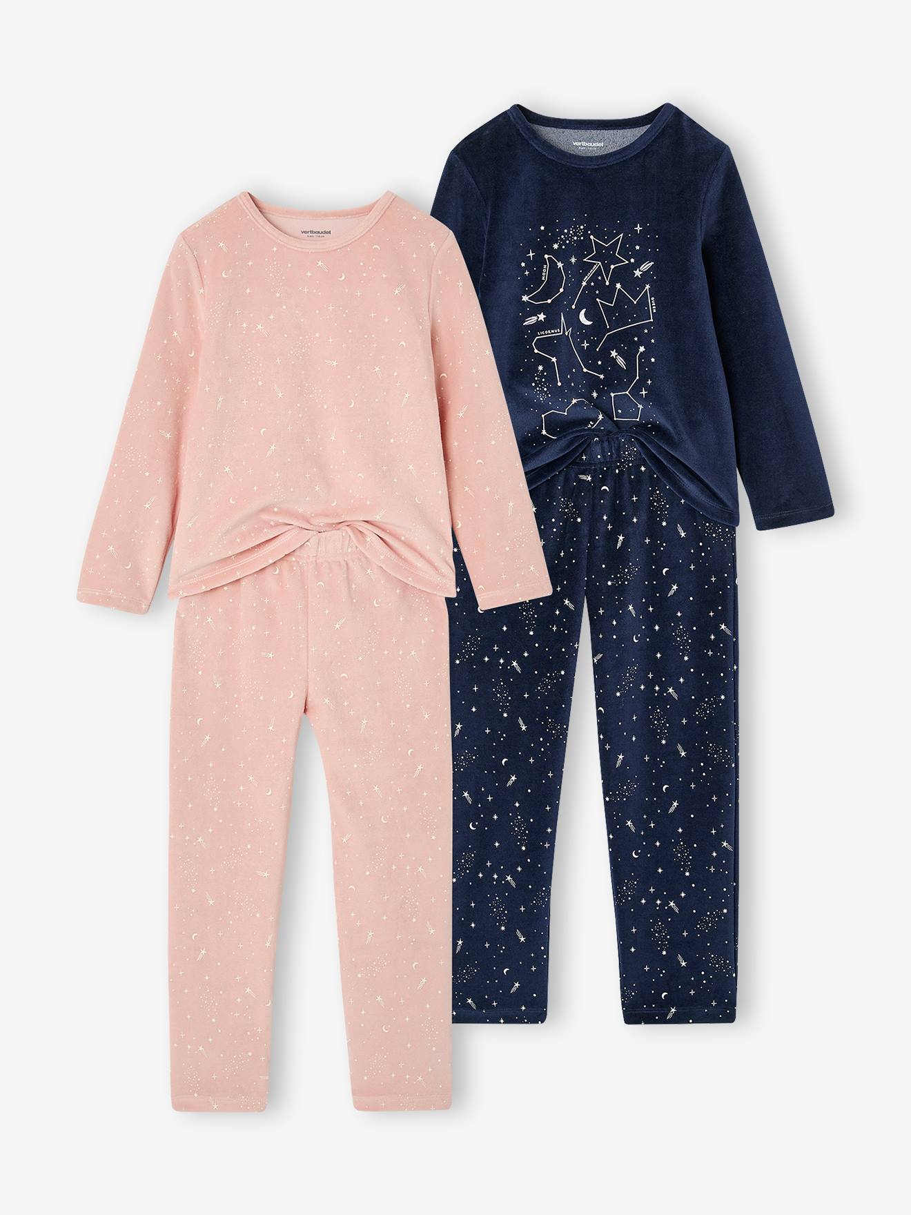 Set van 2 lange velours pyjama's roze (poederkleur)