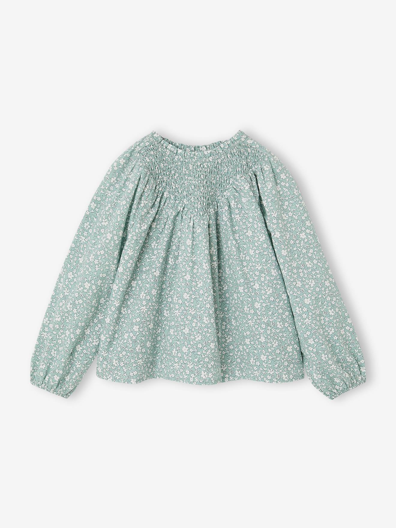 Blouse voor meisjes met gesmokte mouwen saliegroen