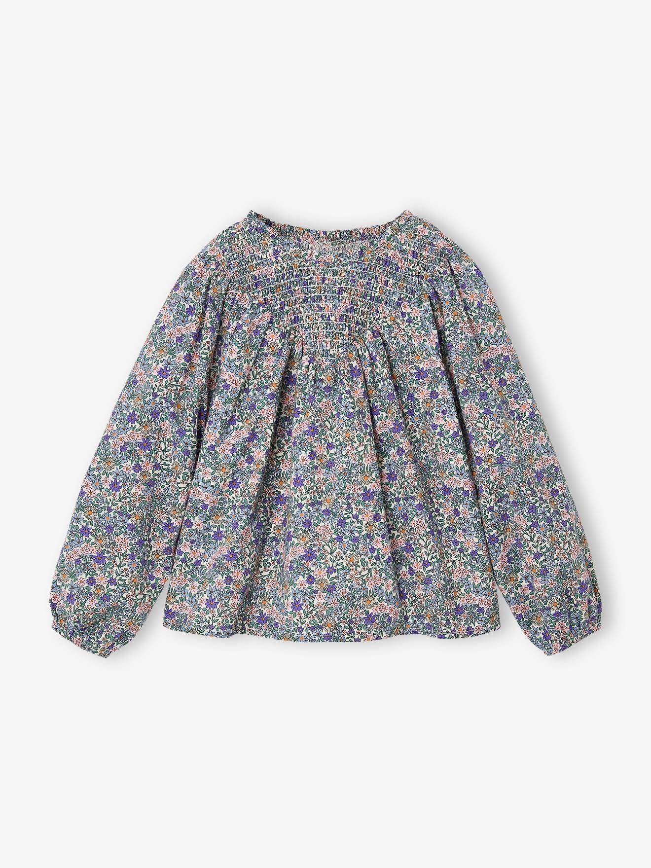Blouse voor meisjes met gesmokte mouwen ivoor