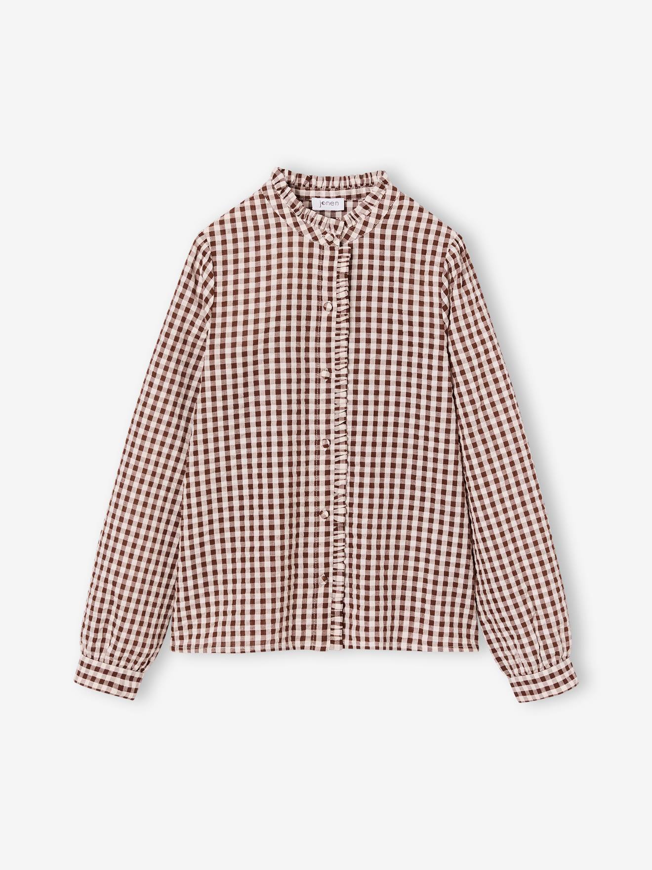 Meisjesblouse met ruches, lange mouw chocoladebruin