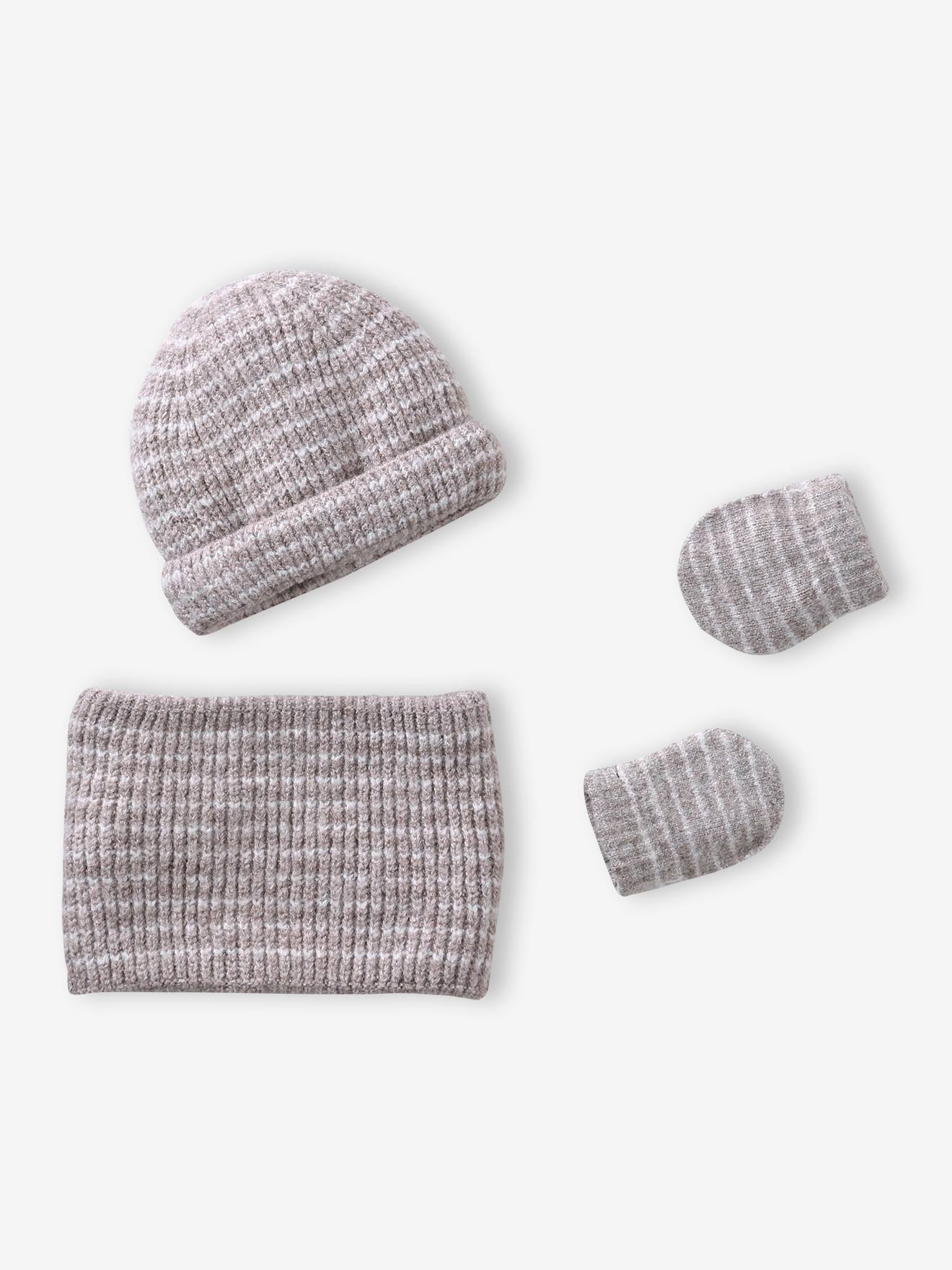 Babykledingset muts, colsjaal en wanten taupe