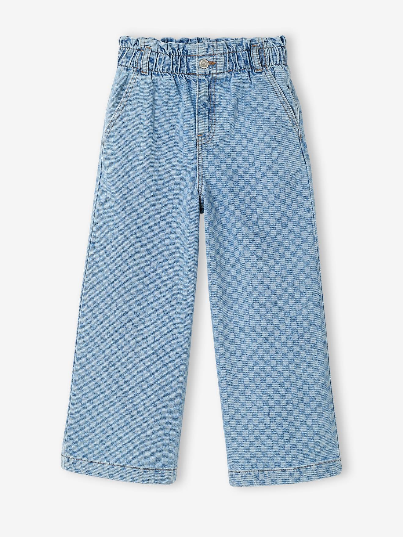 Wijde jeans in paperbagstijl met bloemmotieven voor meisjes lichtblauw