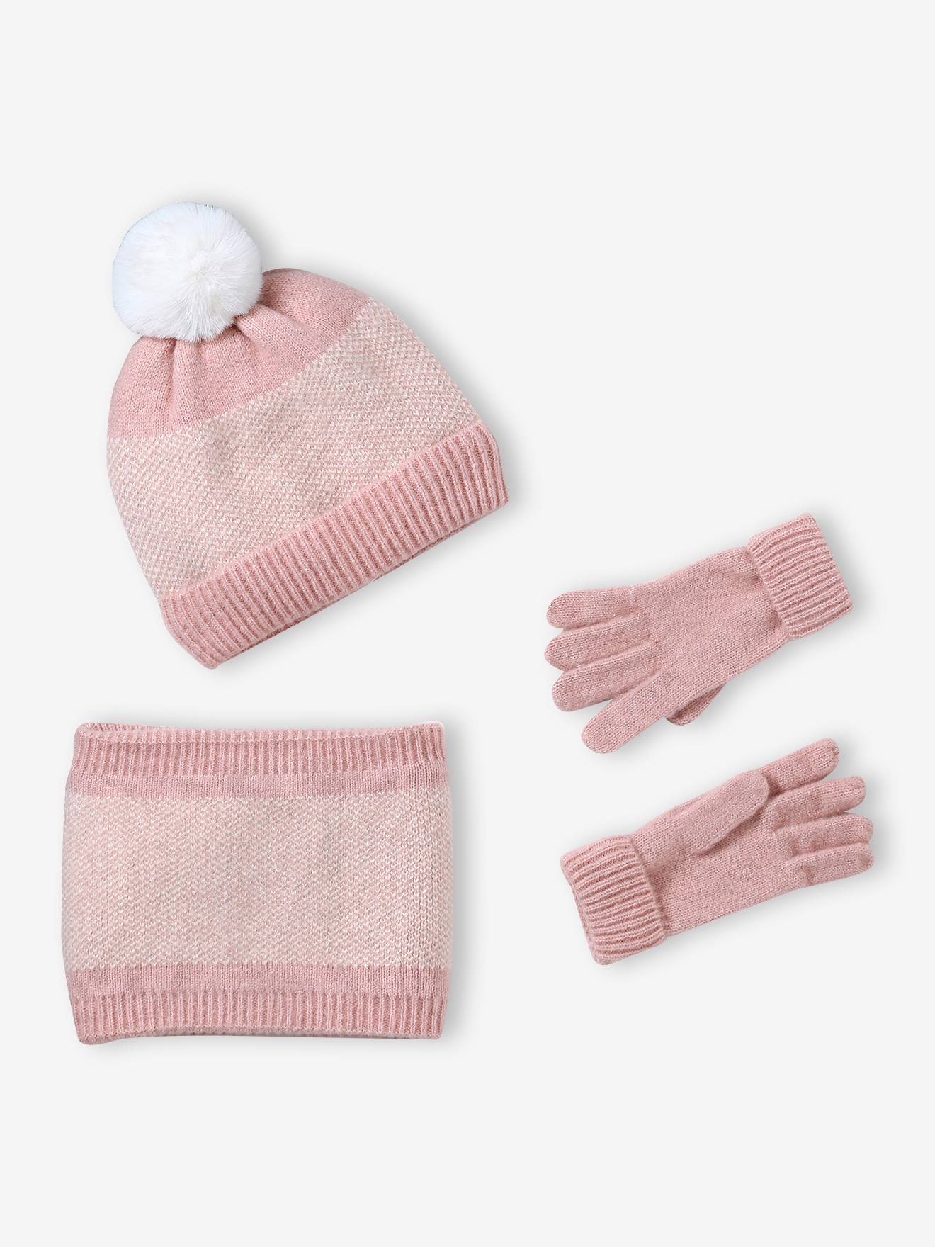Gebreide meisjesset muts, col en wanten roze (poederkleur)