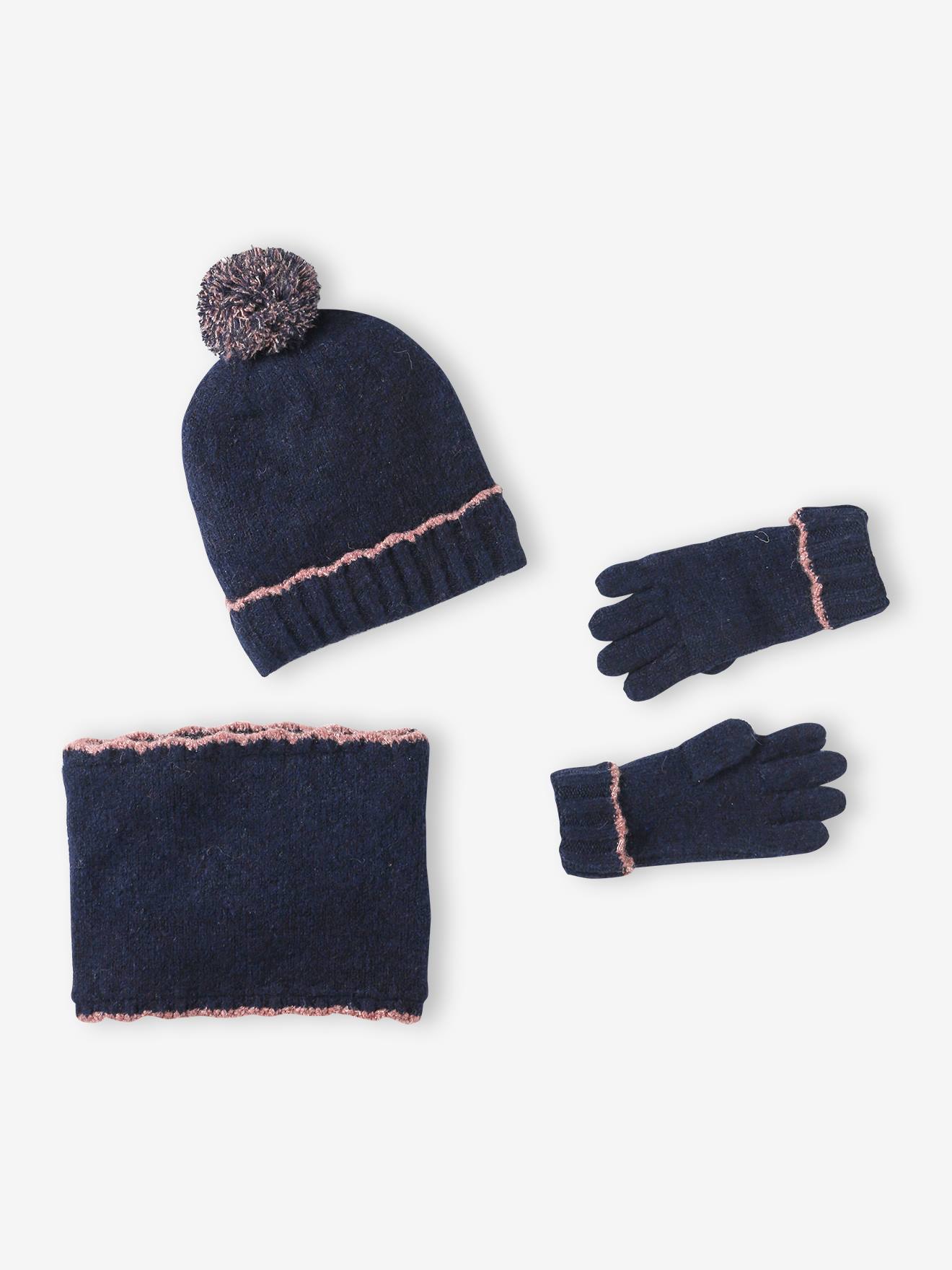 Meisjesset met muts, colsjaal en handschoenen marineblauw