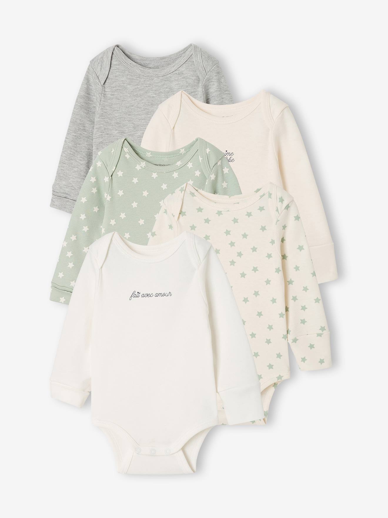 Set van 5 newborn rompers met lange mouw saliegroen