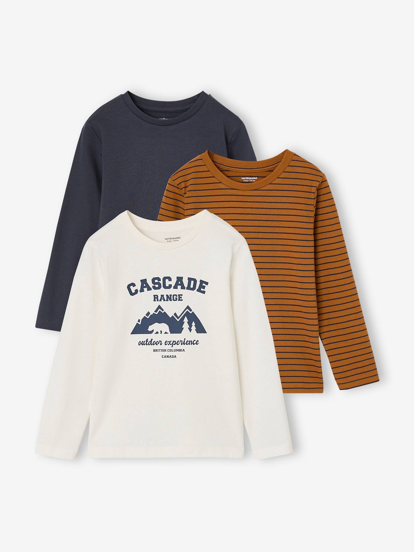 Set van 3 jongensshirts met lange mouwen karamel