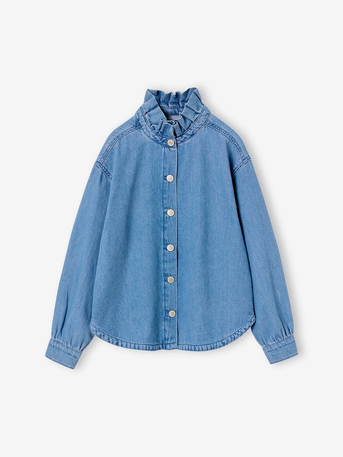 Meisjesblouse met opstaande kraag middenblauw