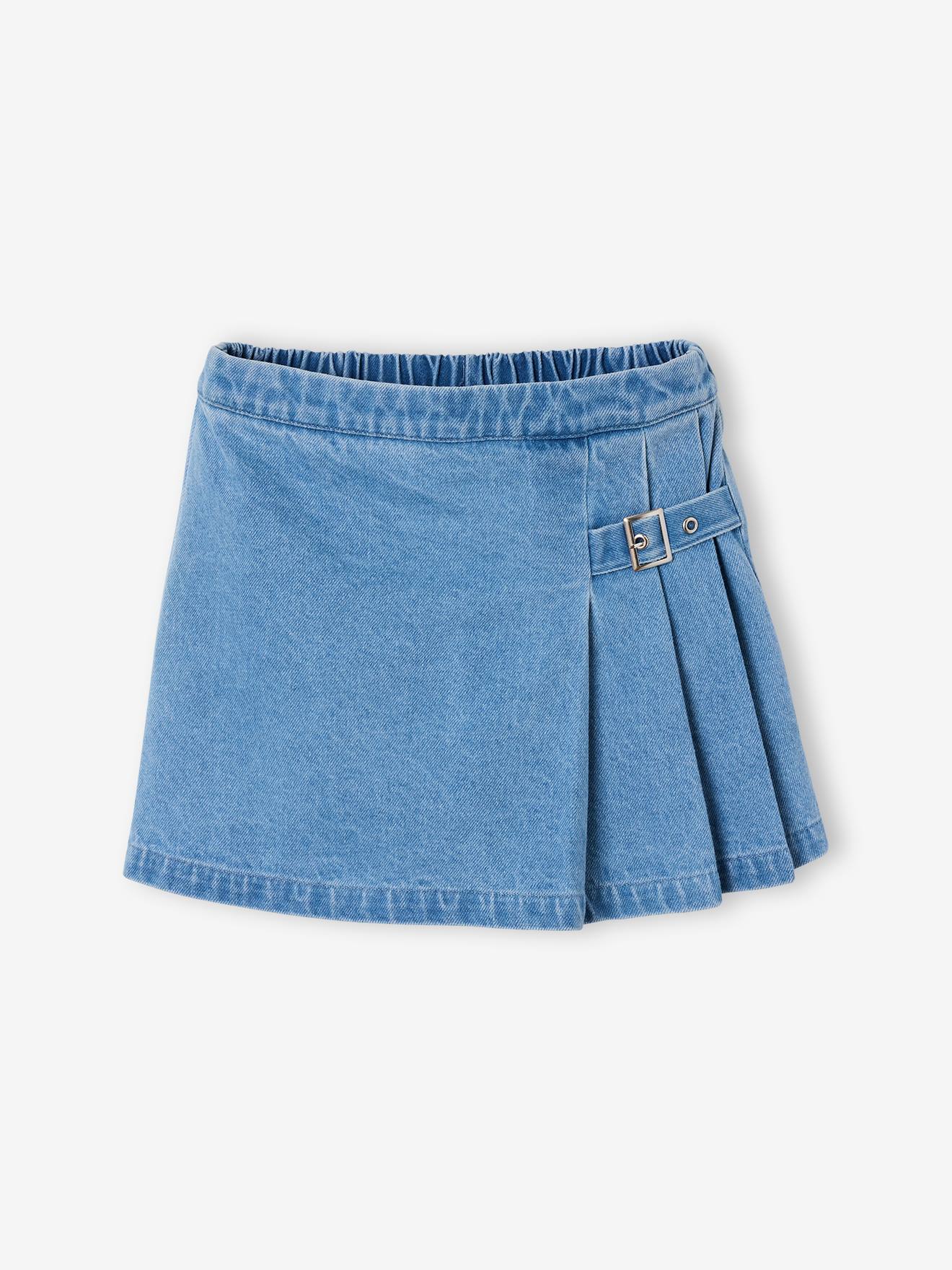 Geplooide denim skort voor meisjes middenblauw