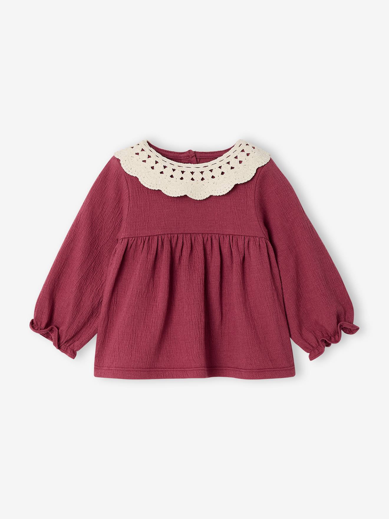 T-shirt baby van gekreukte jersey met gehaakte kraag pruim