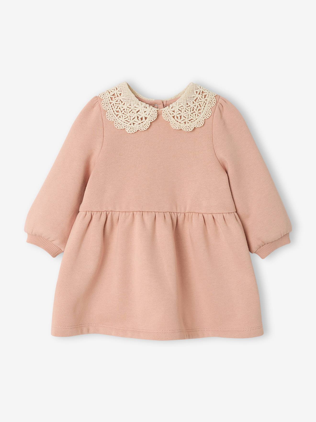 Babyjurk van sweater met gehaakte kraag roze (poederkleur)