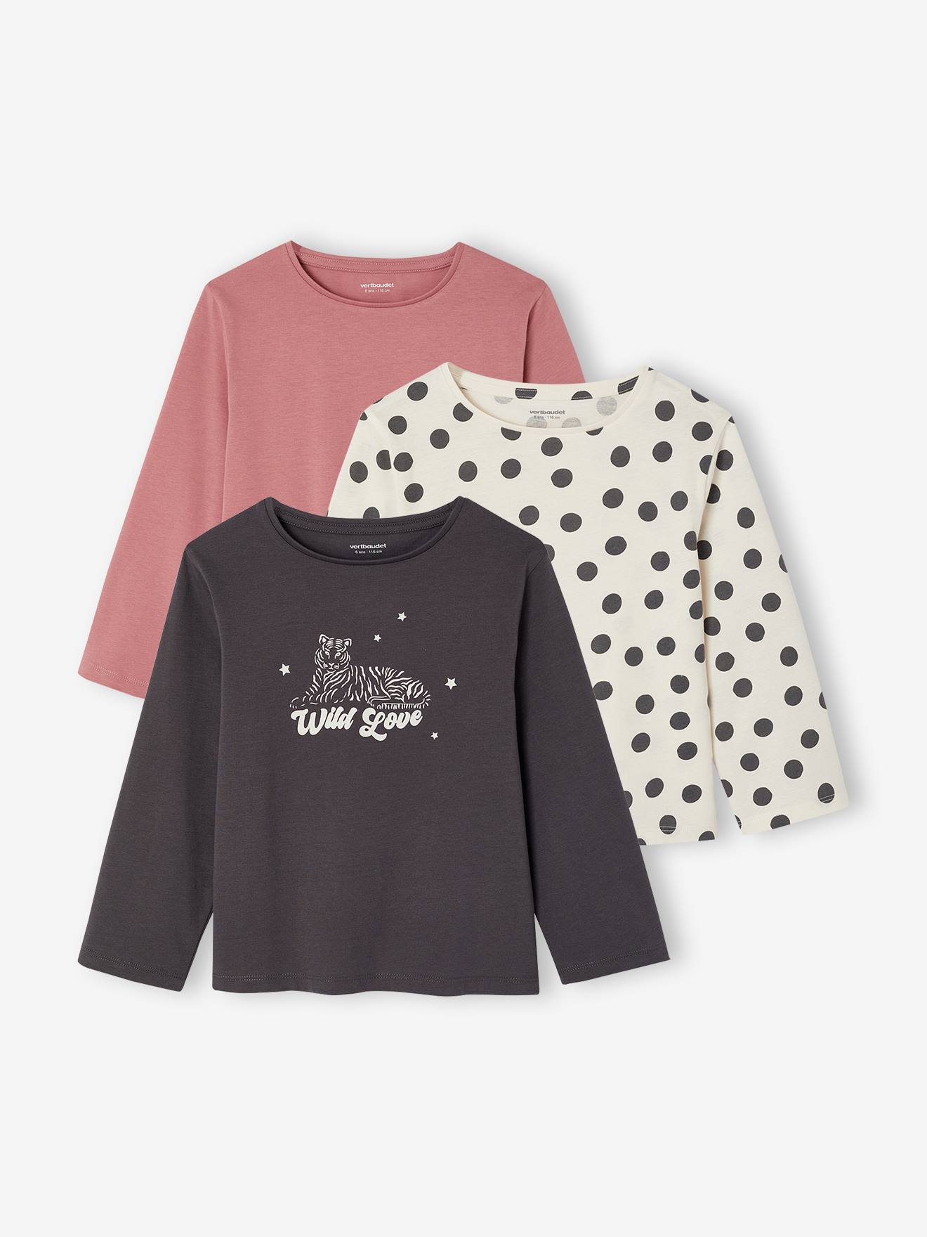 Set van 3 BASICS meisjesshirts met lange mouwen zachtpaars