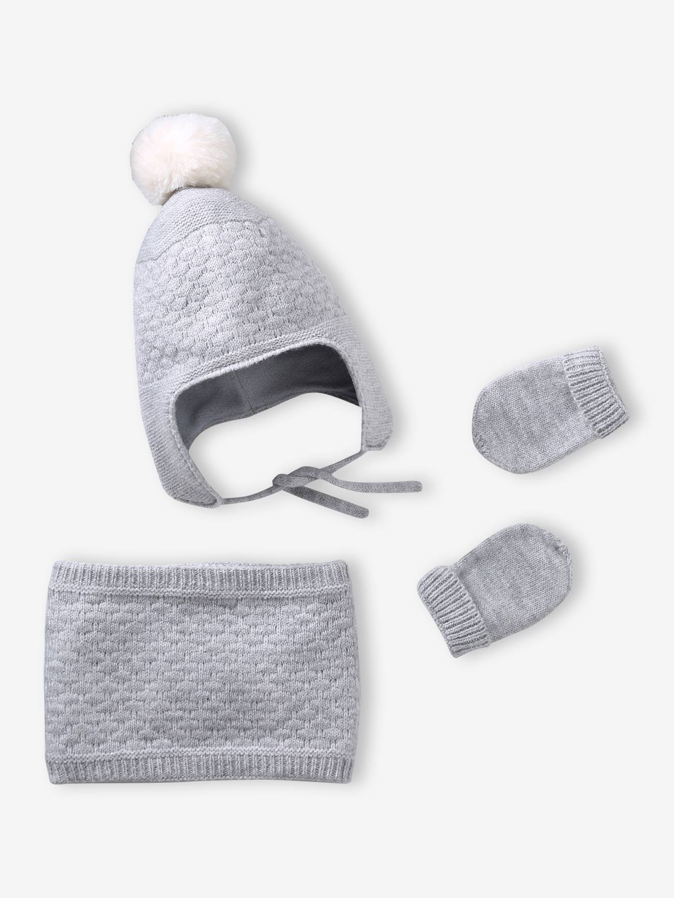 3-delige babyset muts, sjaalkraag gemêleerd grijs