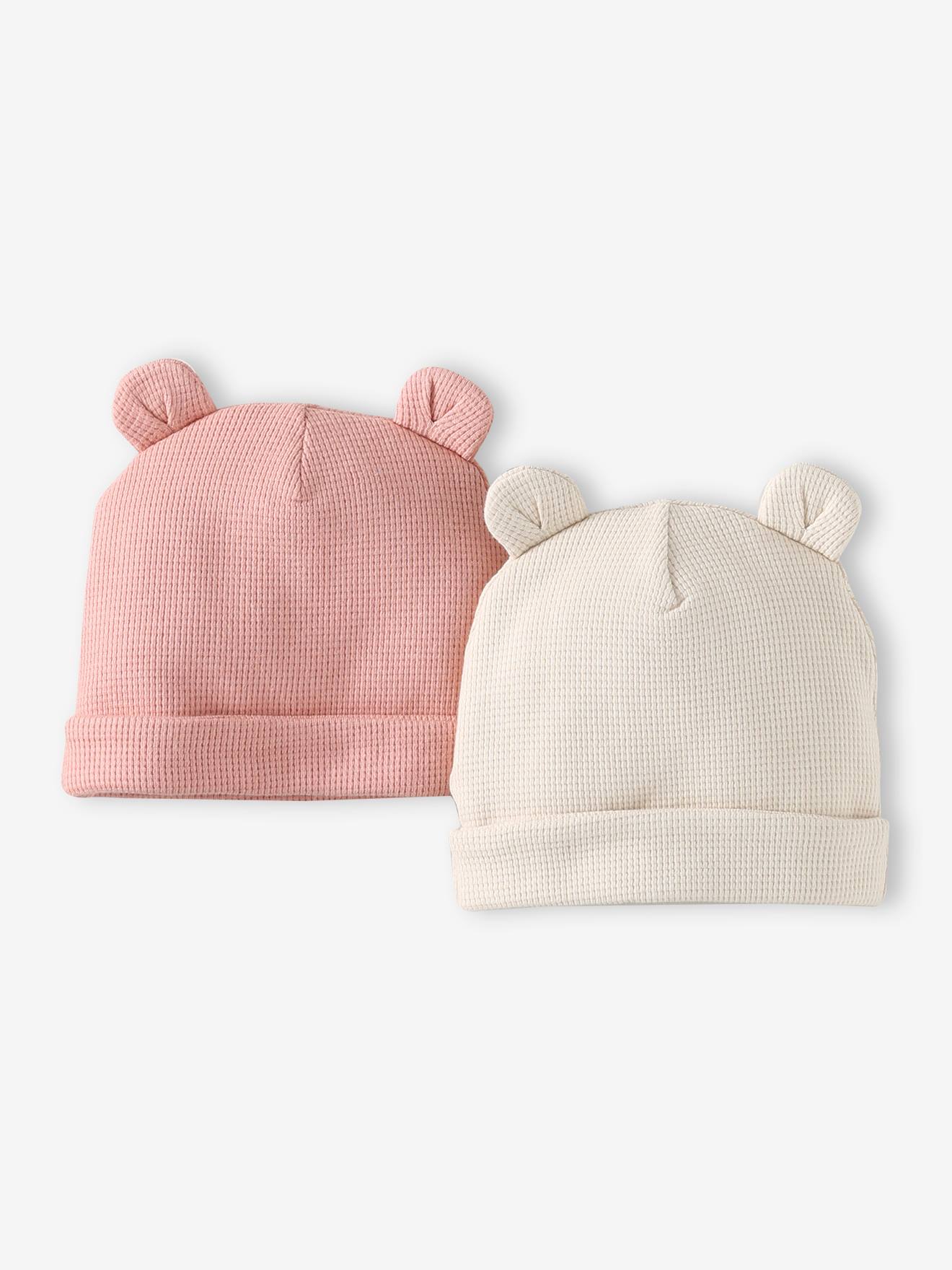 Set van 2 muts geboorte met berenoren roze (poederkleur)