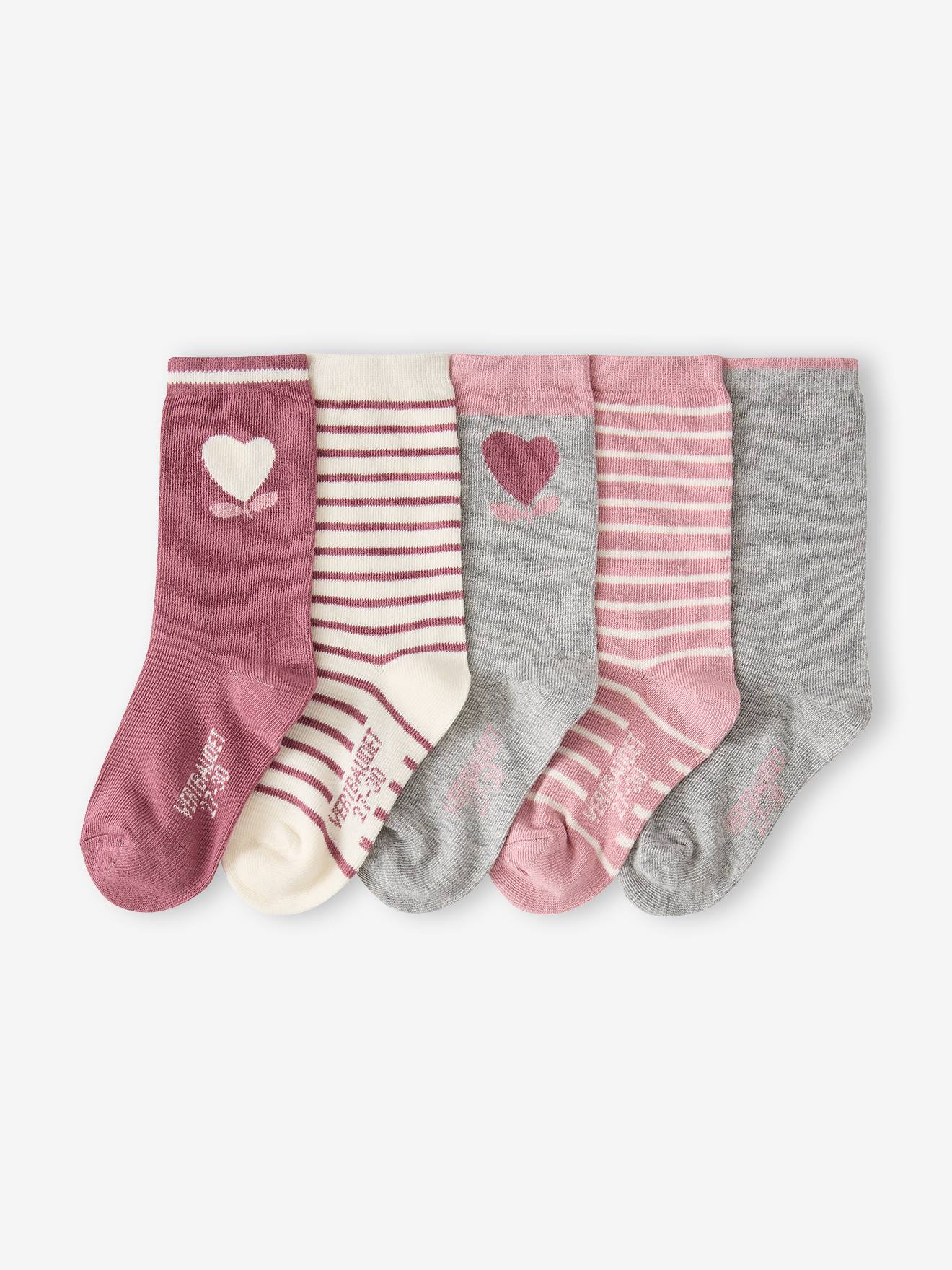 Set van 5 paar meisjessokken met hartjes zachtpaars