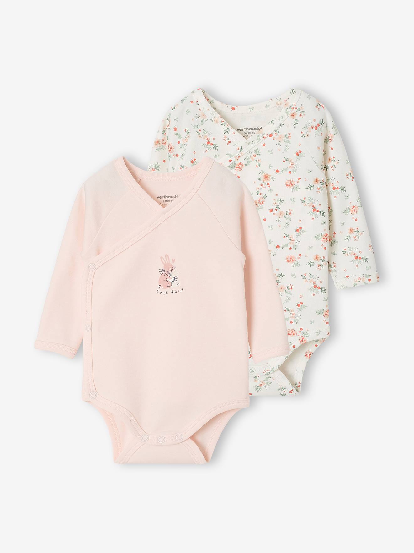 Set van 2 babyrompertjes met lange mouwen lichtroze