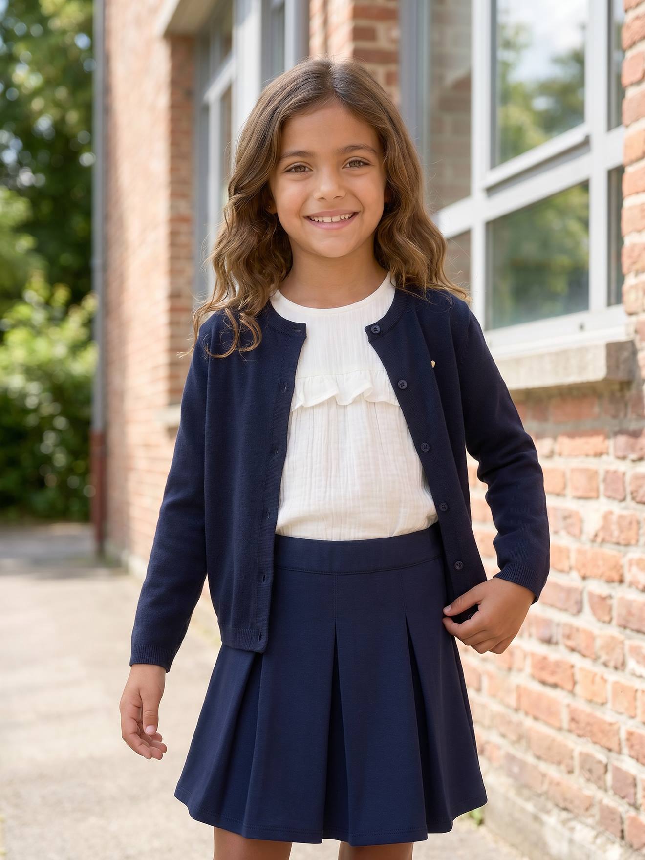 Meisjesvest Basics van fijn breisel marineblauw