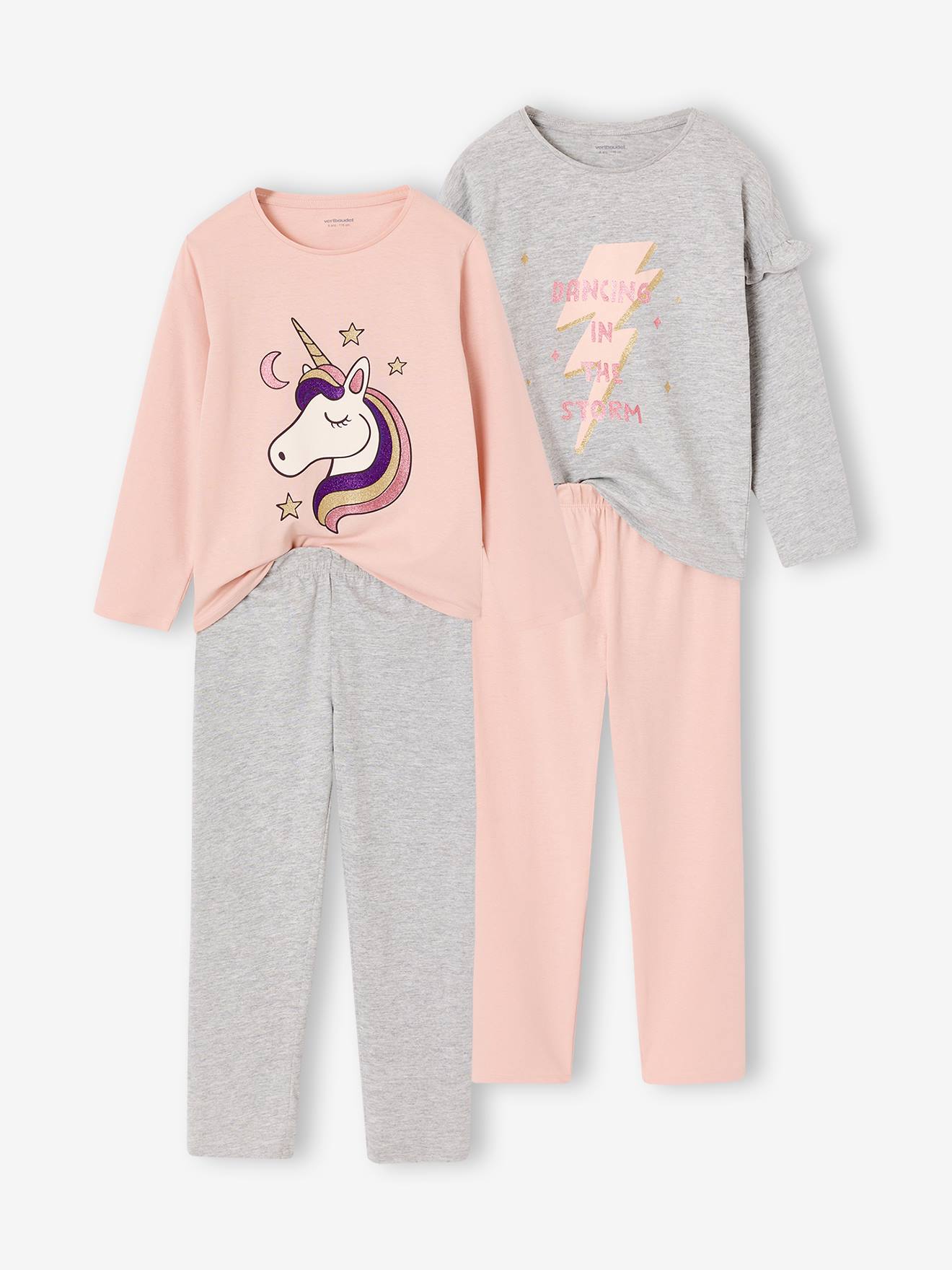 Set van 2 meisjespyjama's roze (poederkleur)