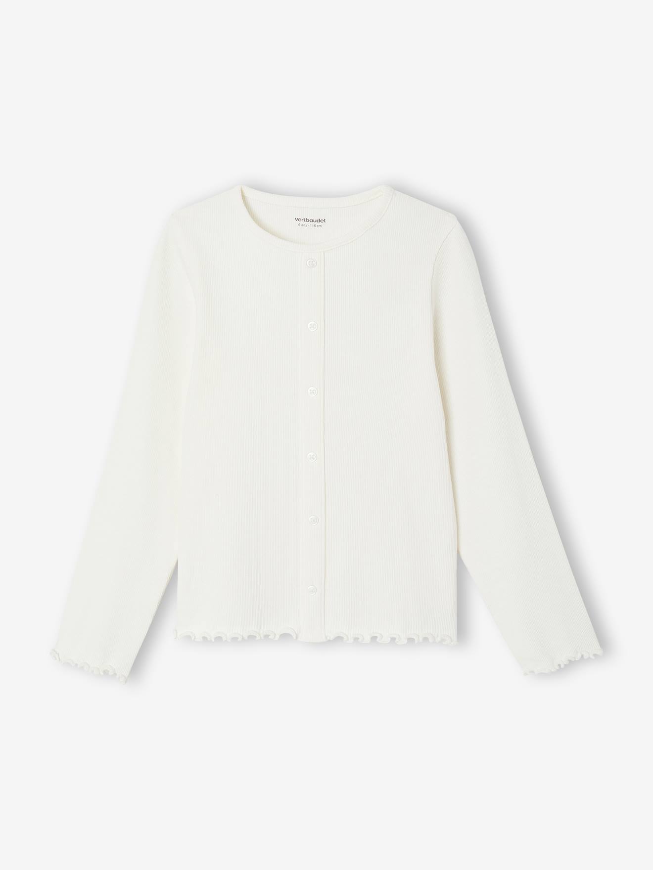 Geribde meisjesshirt met lange mouwen ecru