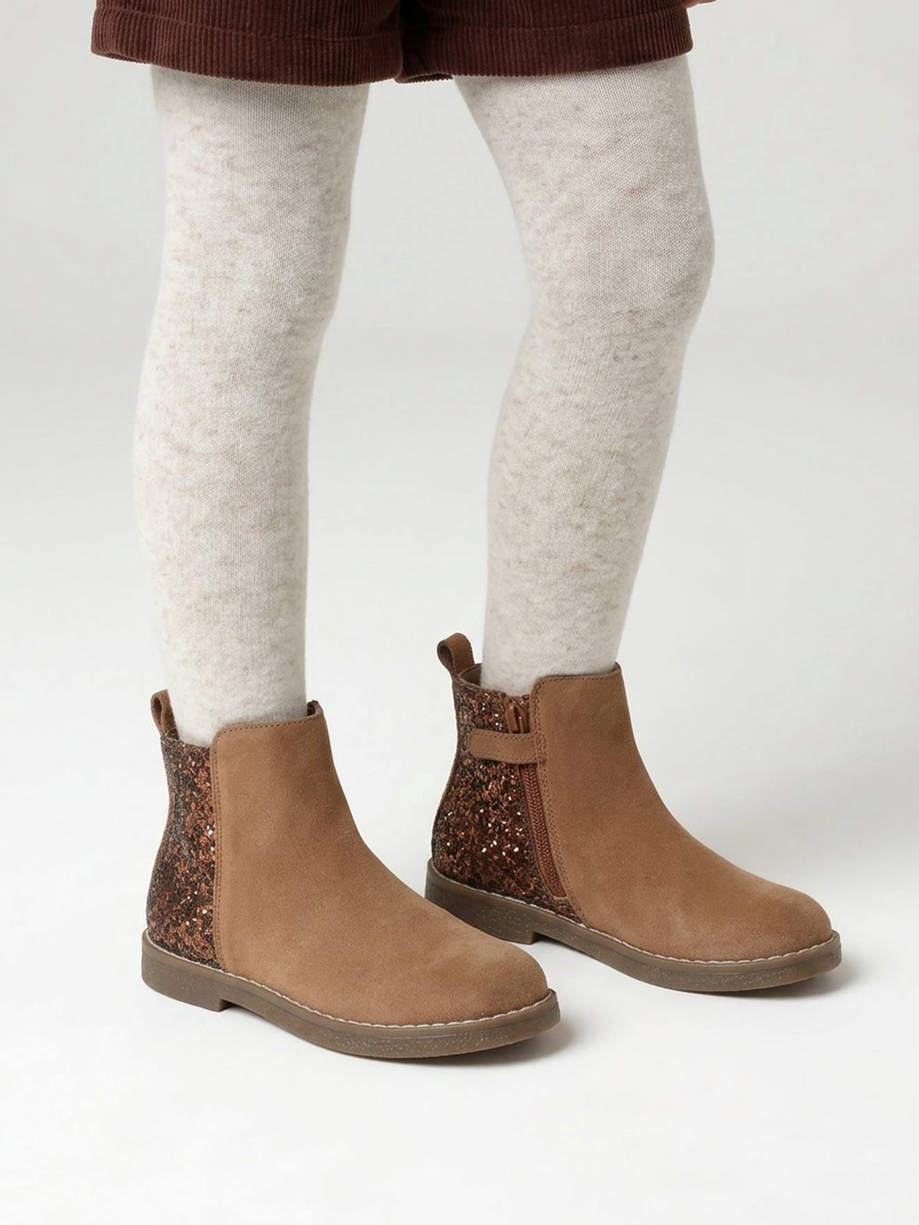 Leren boots voor meisjes met glitter, kleuterschoolcollectie kameel