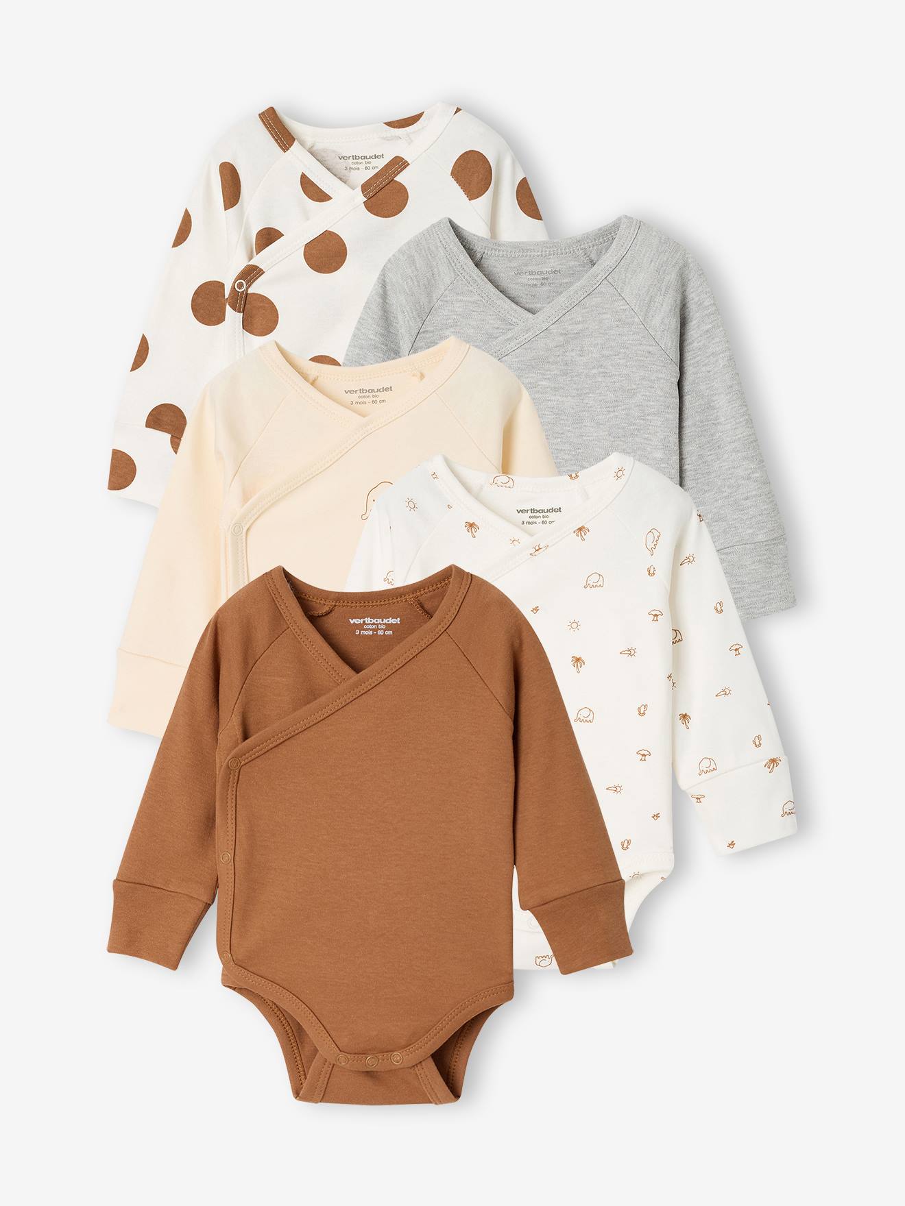 Set van 5 babyrompers met lange mouwen karamel
