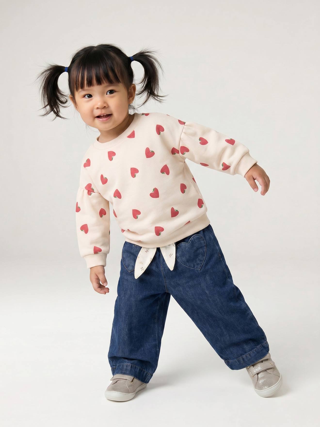 Wijde babyjeans met knoopriem ongewassen denim