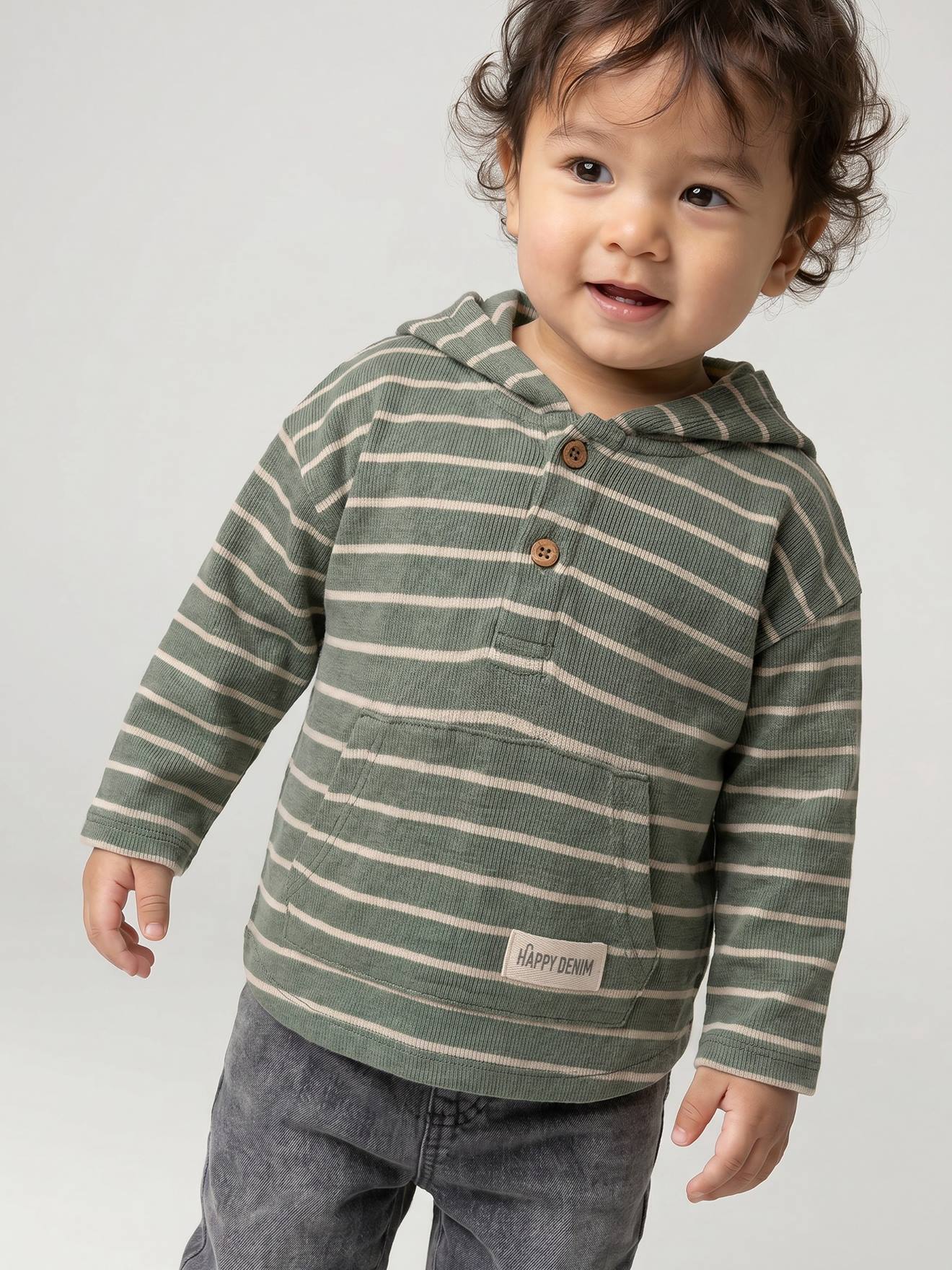 Gestreept T-shirt met capuchon jongensbaby groen