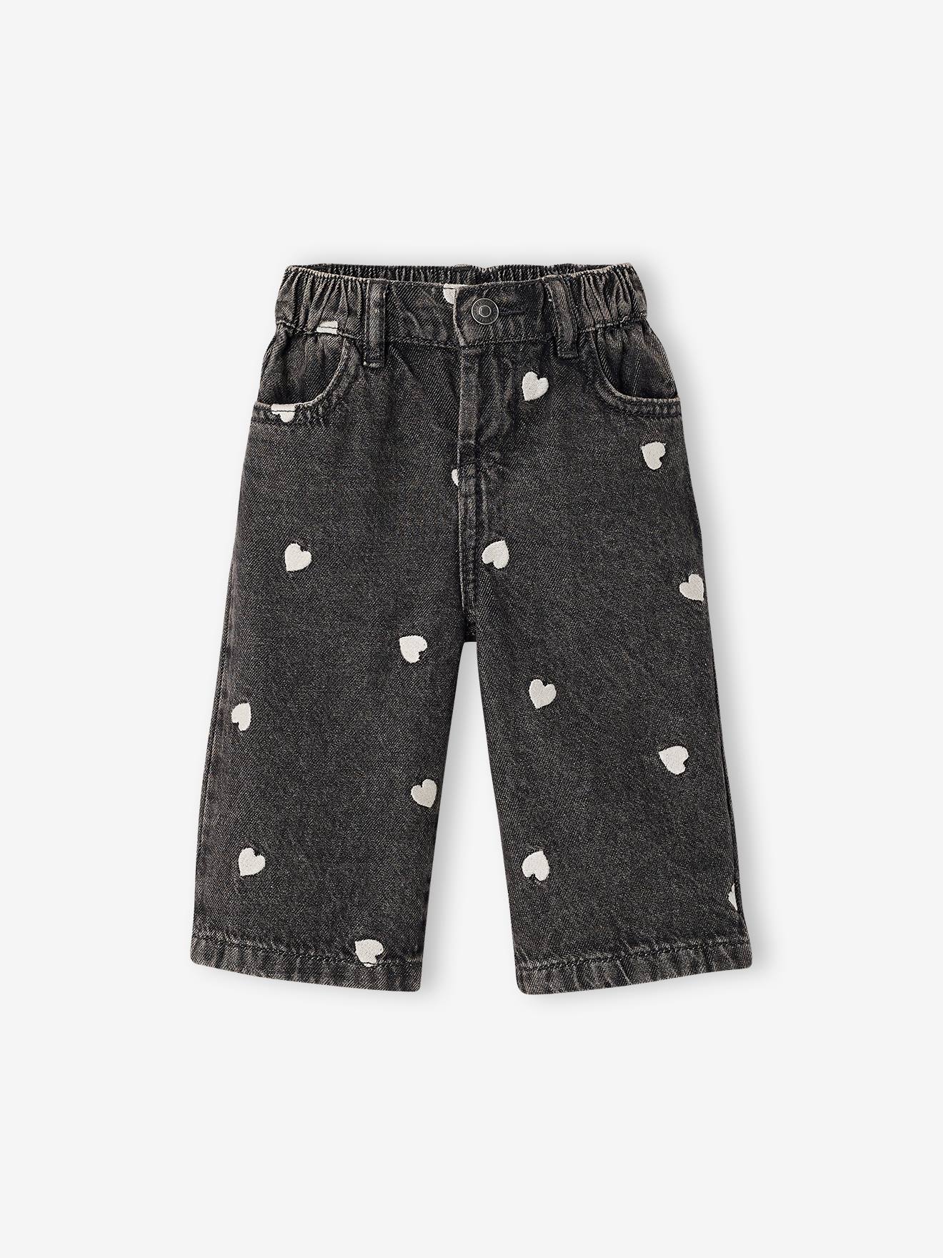 Wijde jeans met kleine geborduurde hartjes denimgrijs