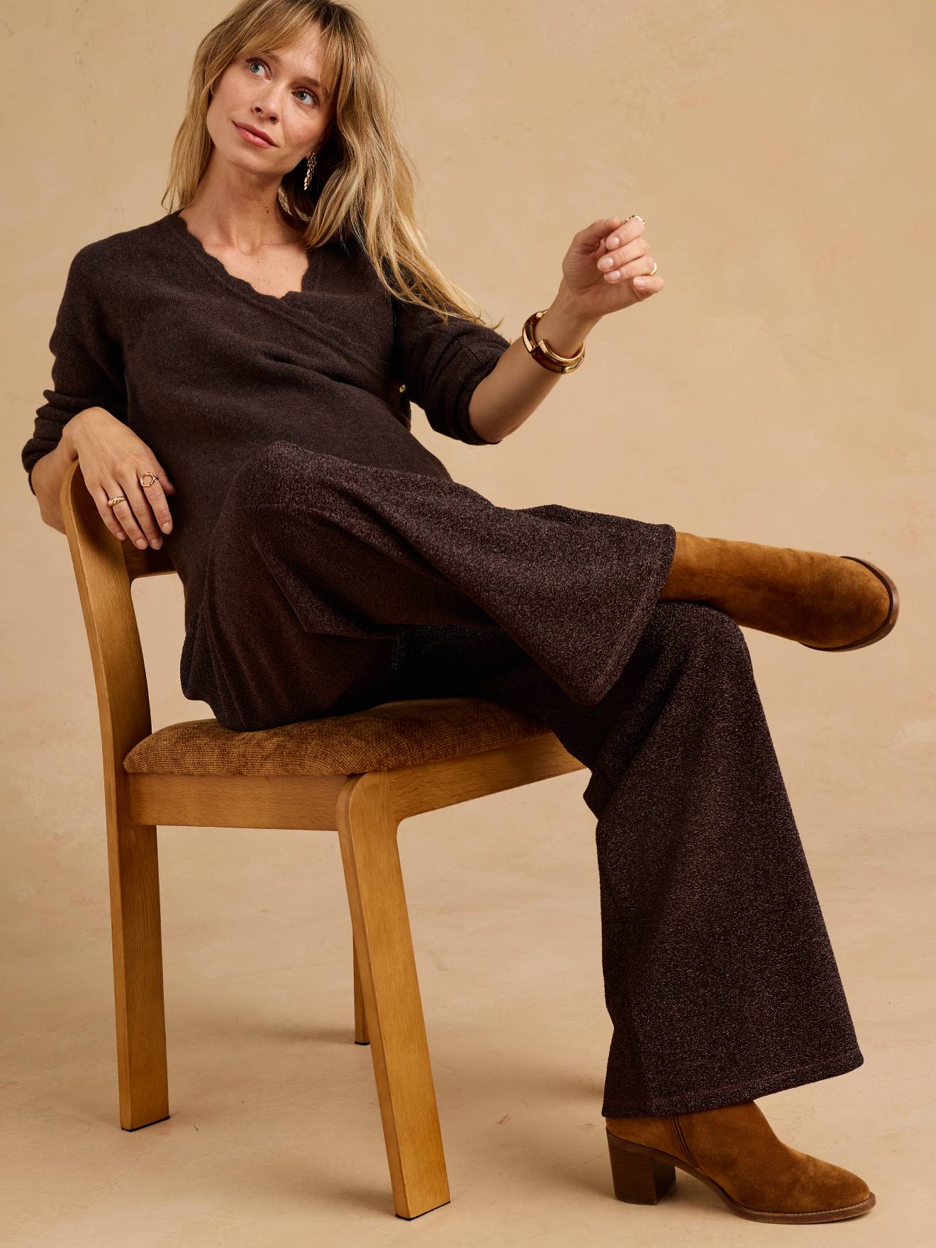 Zwangerschapsbroek met lurex chocoladebruin
