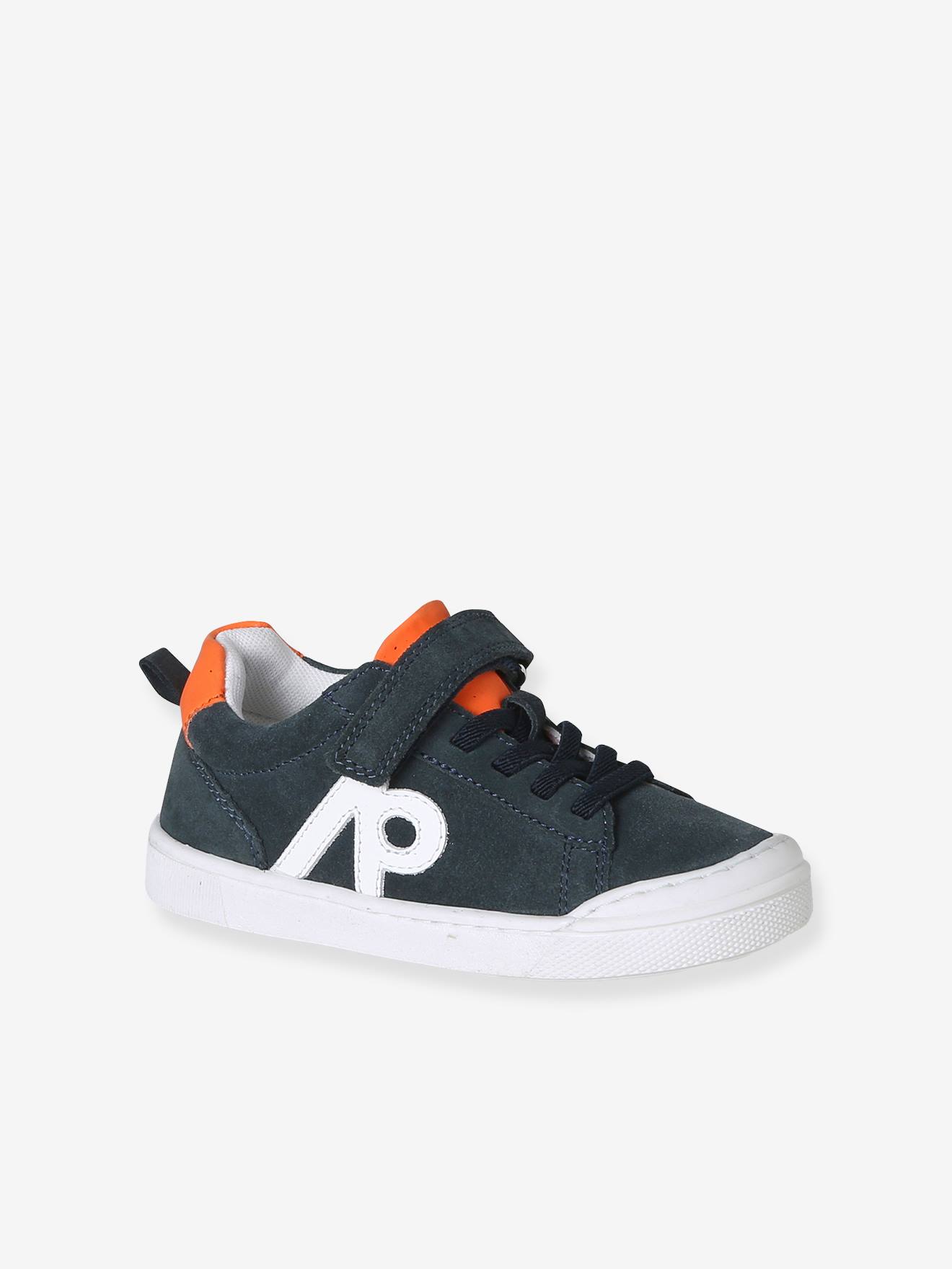 Jongenssneakers van leer met elastische veters marineblauw